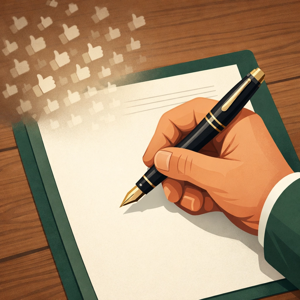 Hand using a fountain pen to sign a contract, replacing vague thumbs-up emojis with clear leadership decisions.