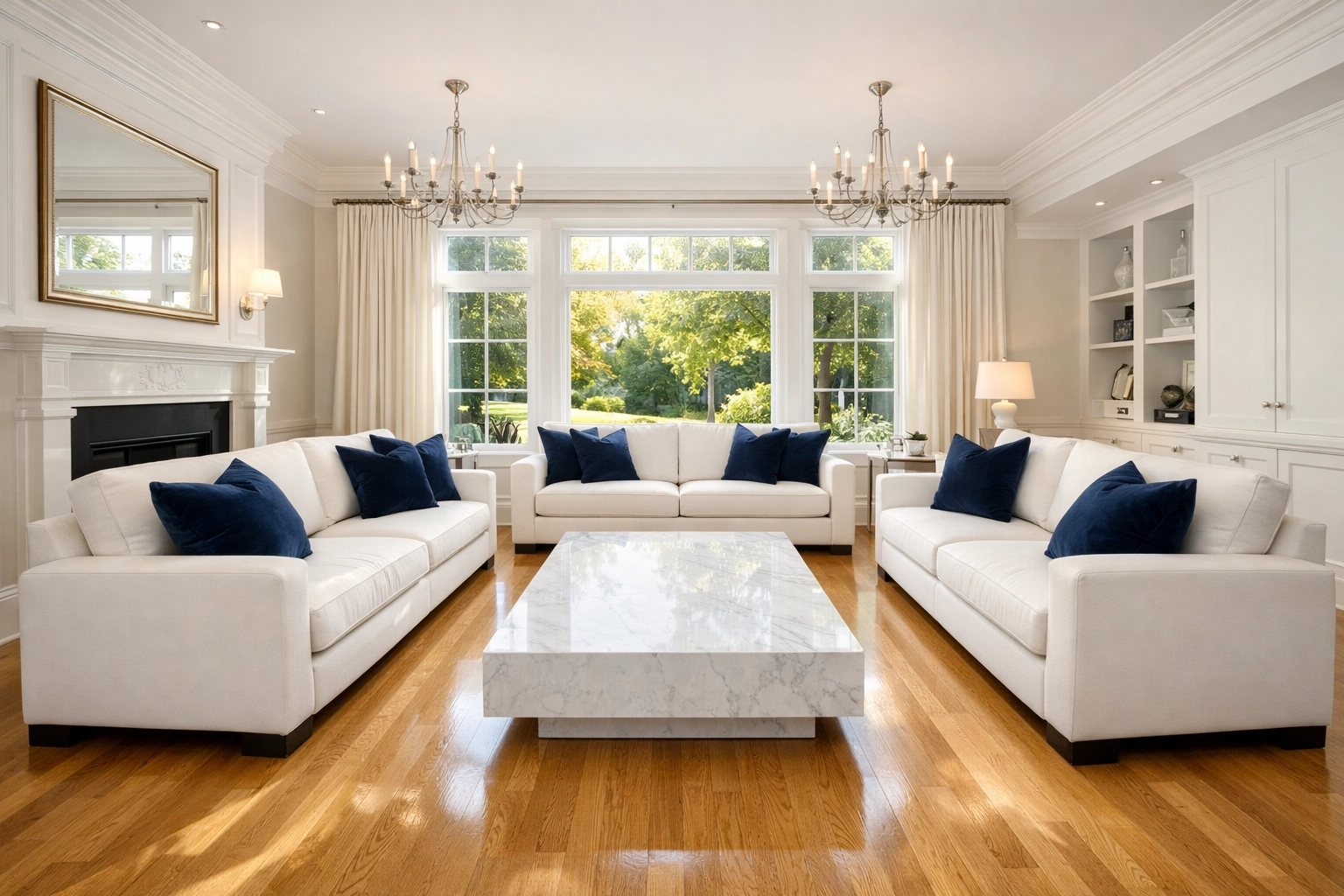 Clean and tidy high-end living room in a Shrewsbury home after a professional house cleaning service.