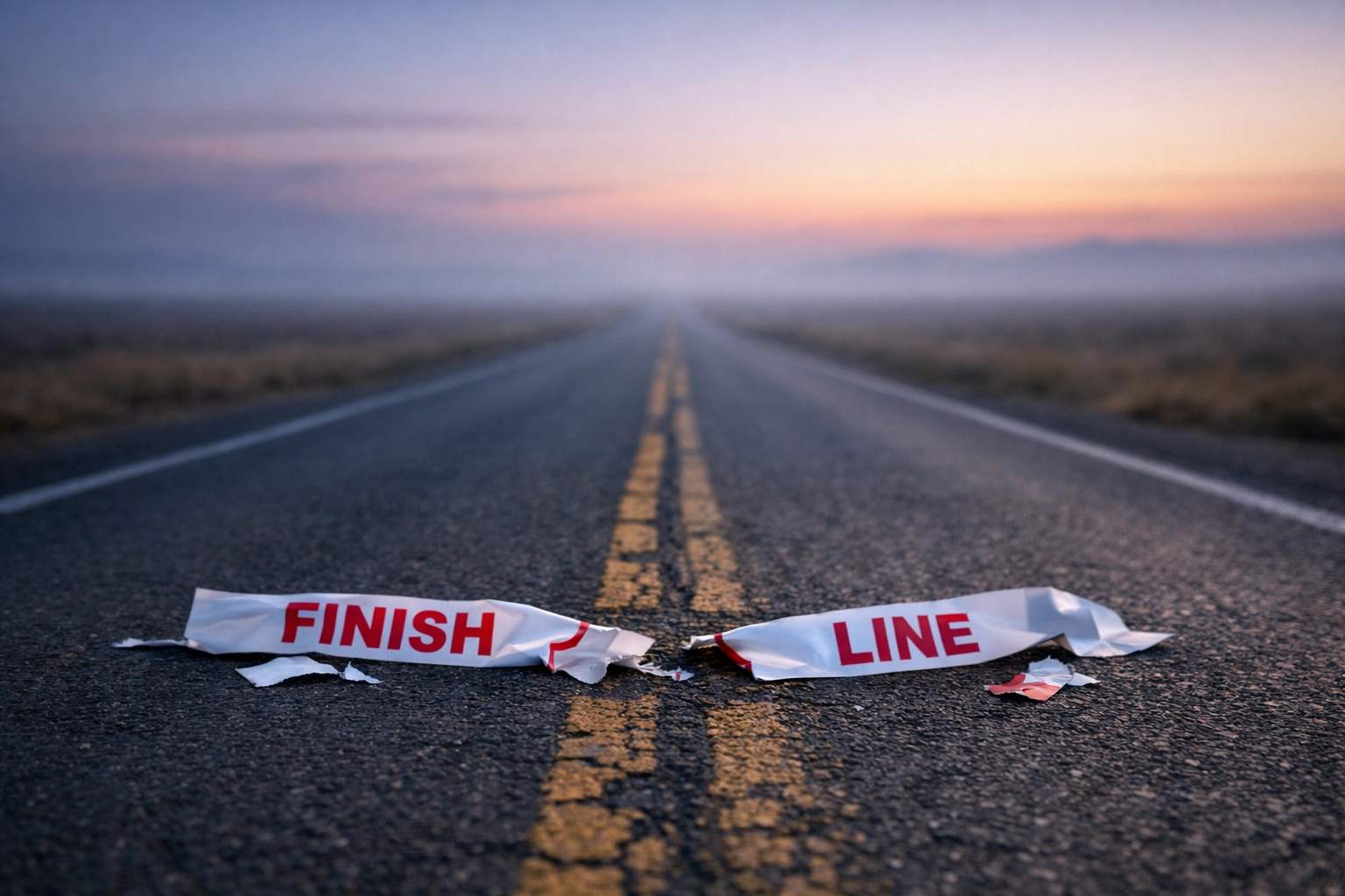 A broken finish line on a long road symbolizing the continuous 2027 interoperability deadline.