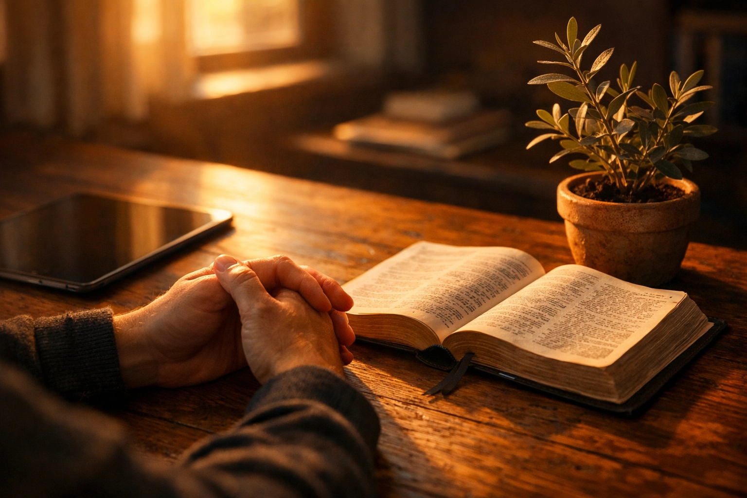 Hands resting near a Bible and tablet, illustrating a Christ-centered midday pivot for spiritual peace.