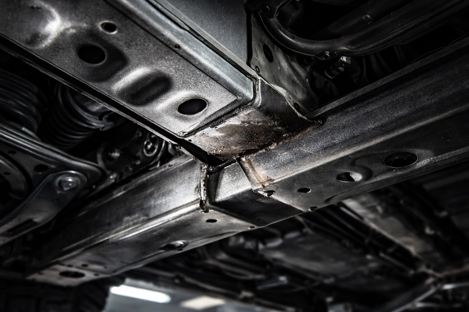 Close-up of a car undercarriage highlighting thin factory coating and vulnerable areas to rust and corrosion.