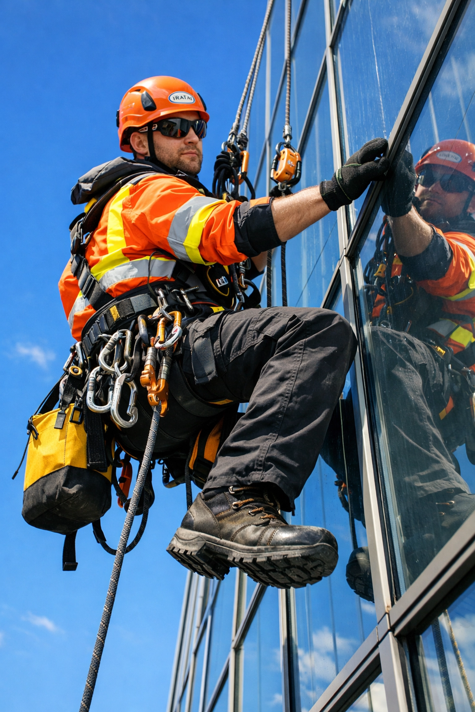 IRATA certified rope access technician in safety gear inspecting UK building