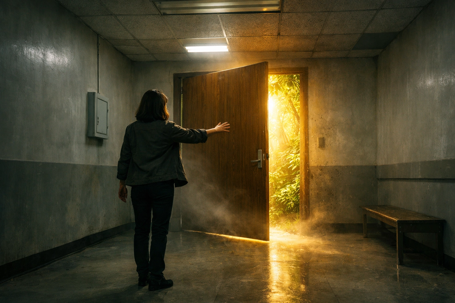 Woman reaching toward a glowing portal from a grey hallway into a vibrant forest, choosing aliveness over safety.