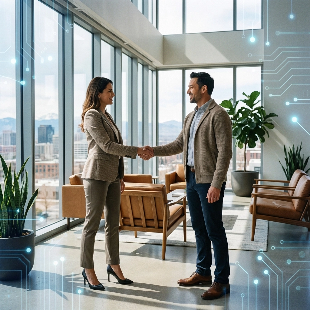 Business owner and IT professional shaking hands in a Denver office, highlighting trust in local managed IT services.