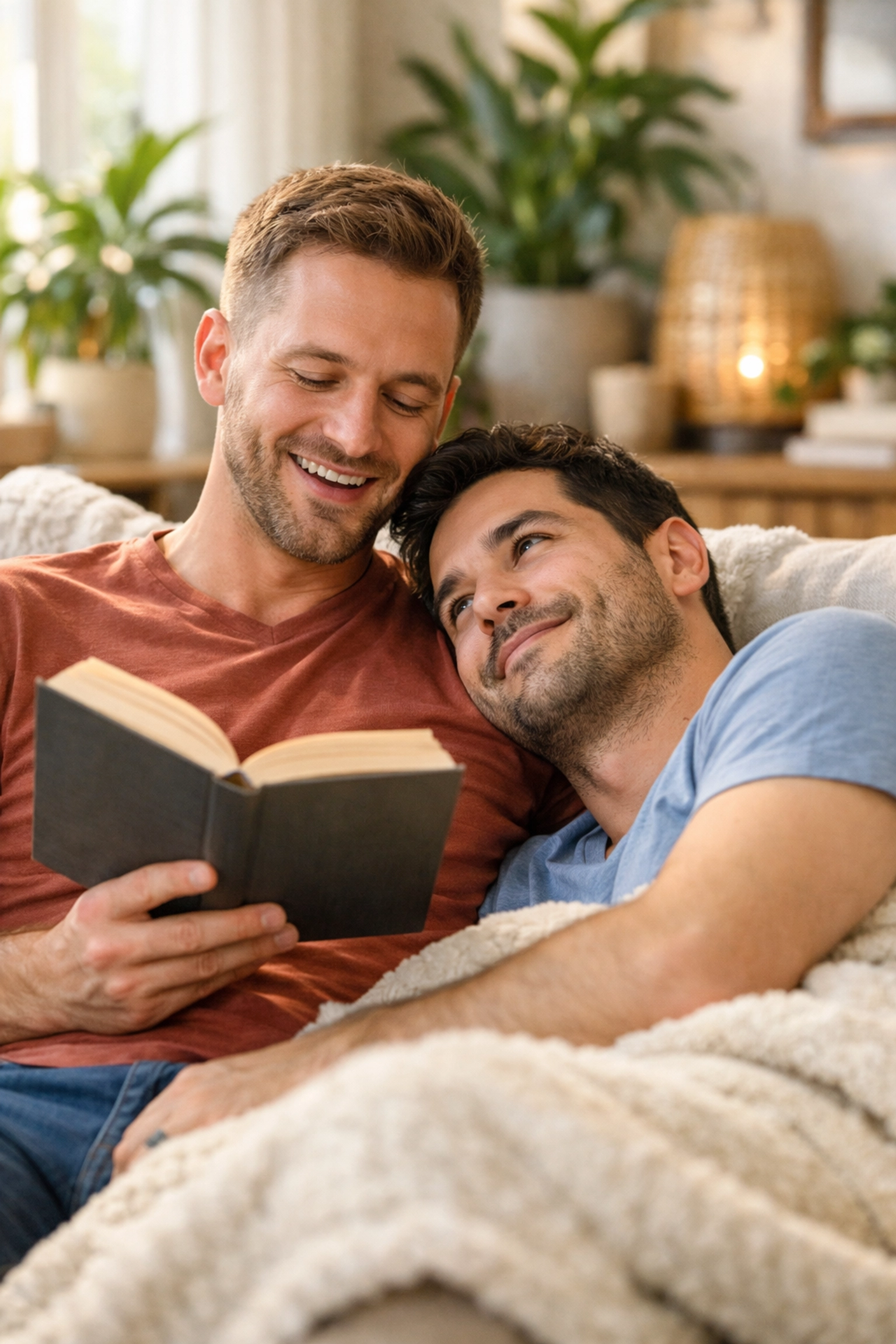 A gay couple reading together on a sofa, celebrating queer joy and happy endings in LGBTQ+ fiction.