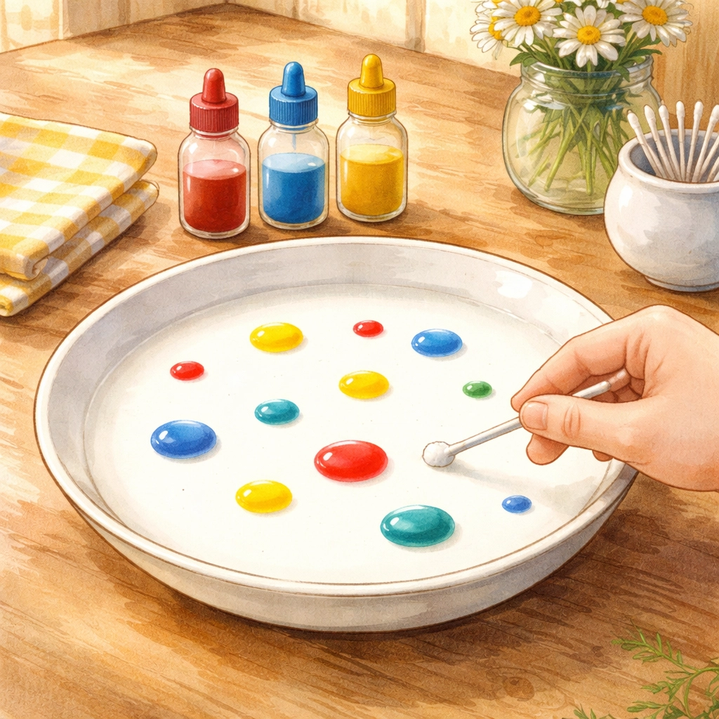 Child prepares magic milk science experiment with milk, food coloring, and cotton swab on a kitchen table