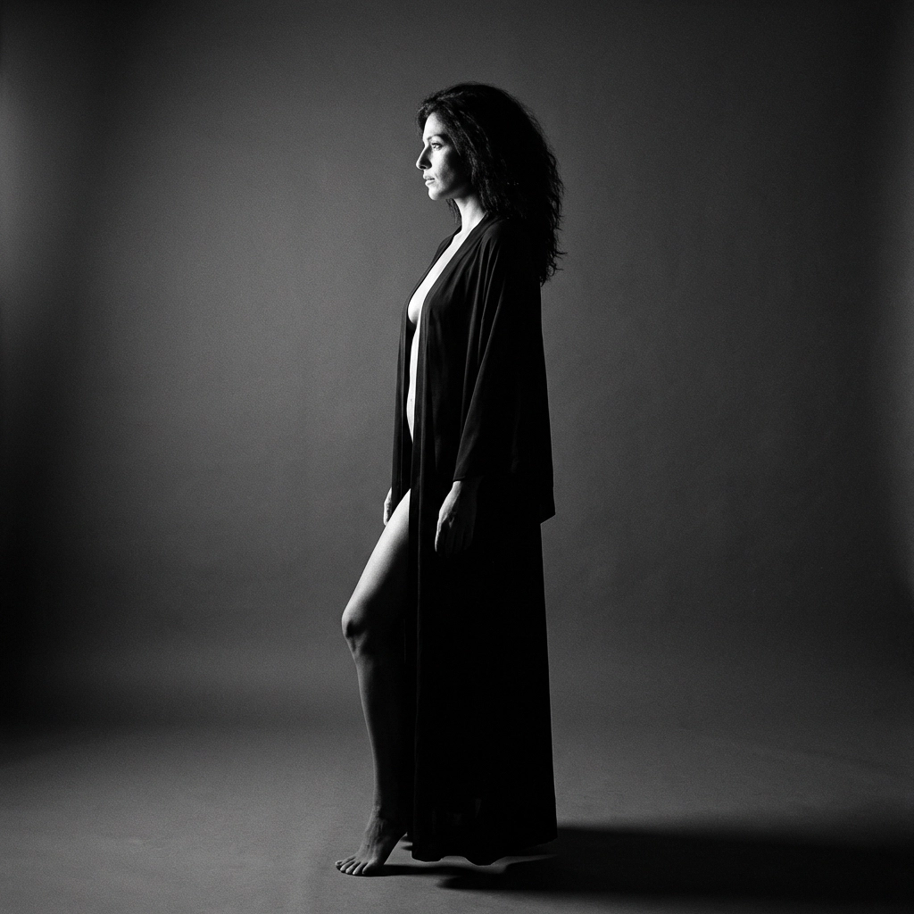 High-contrast fine art nude photography of a woman standing in a studio with dramatic rim lighting.