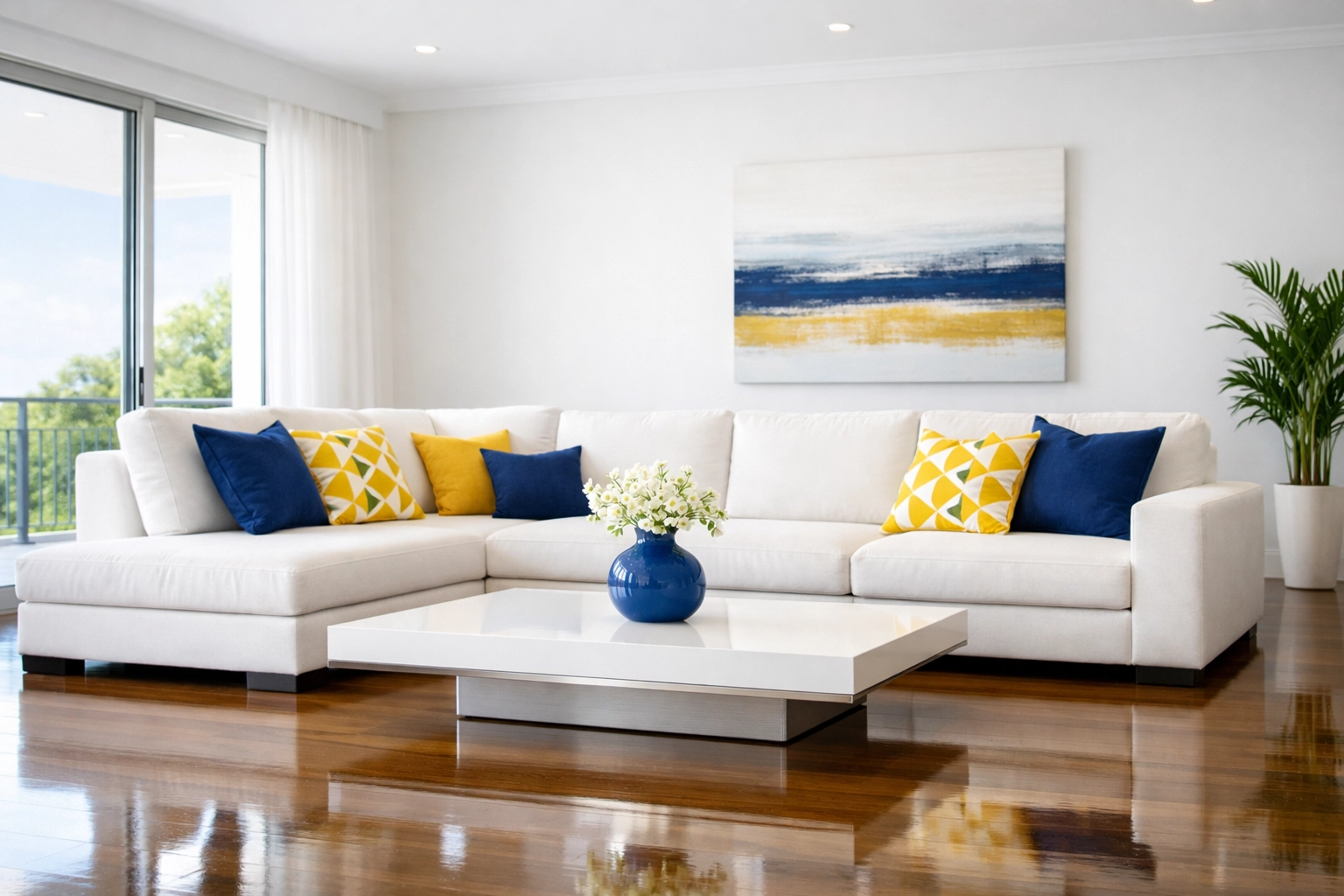 Spotless minimalist living room in Groton showing gleaming floors and professional house cleaning results.