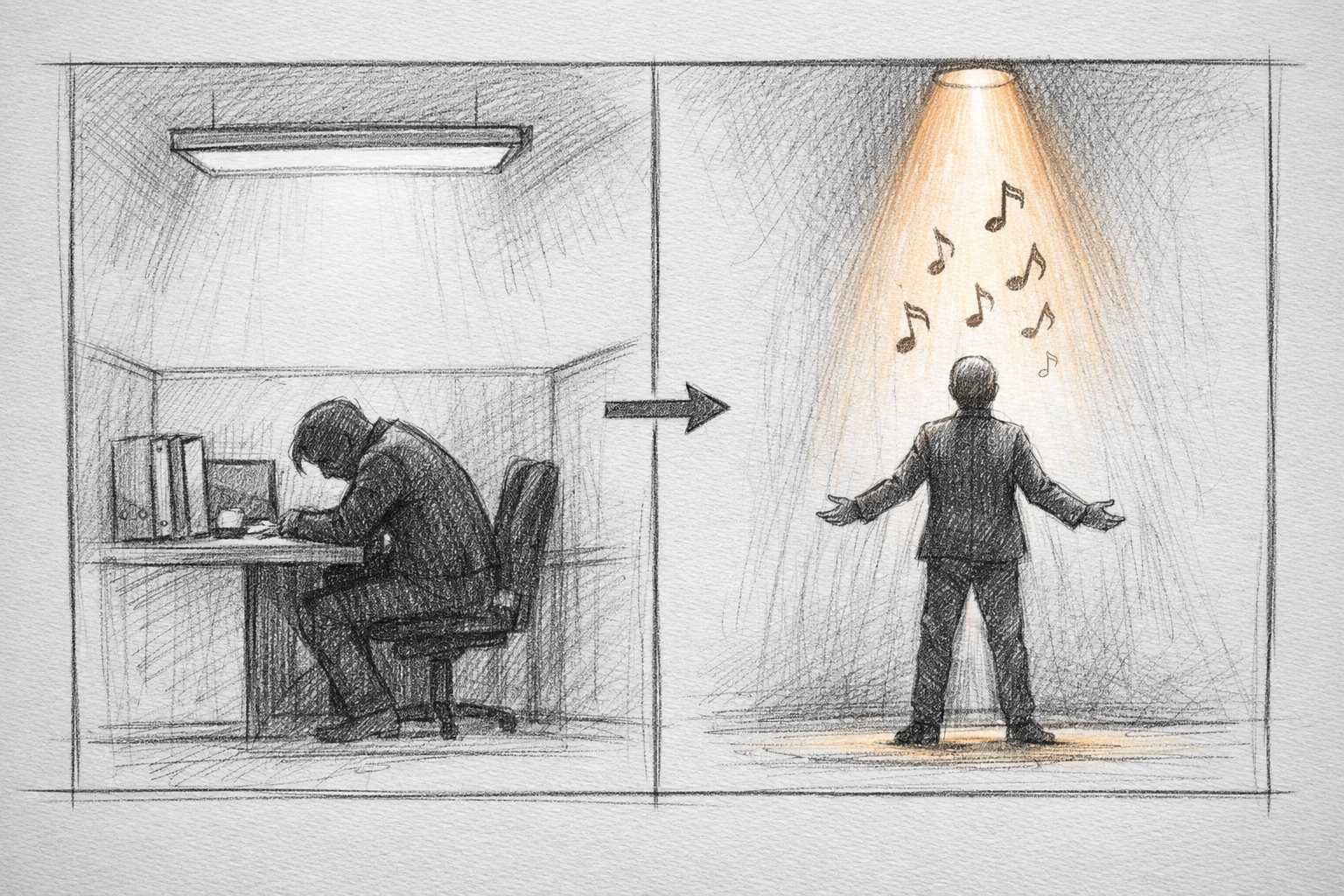Storyboard sketch showing character transformation from desk resignation to spotlight aspiration, illustrating the I Want song concept