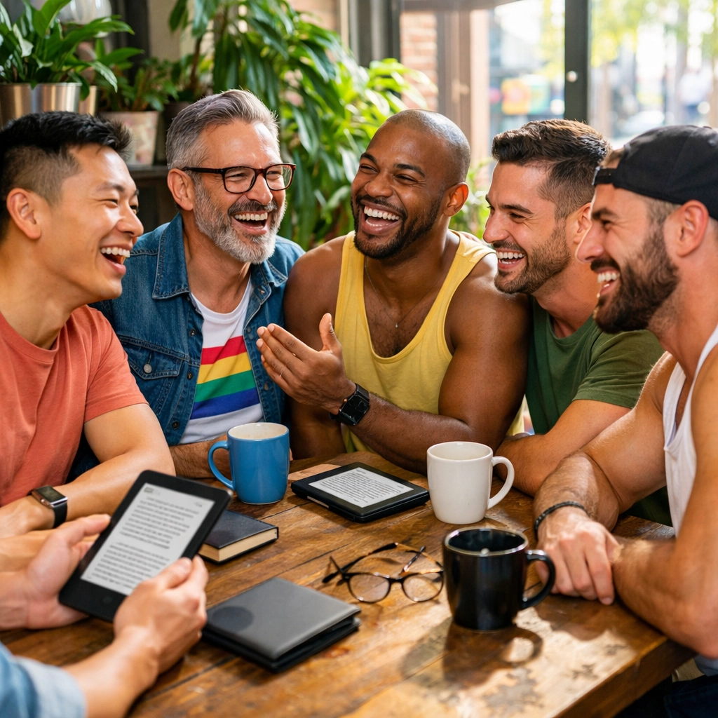 Diverse gay men discussing MM romance novels and connecting as a community in a bright urban cafe.