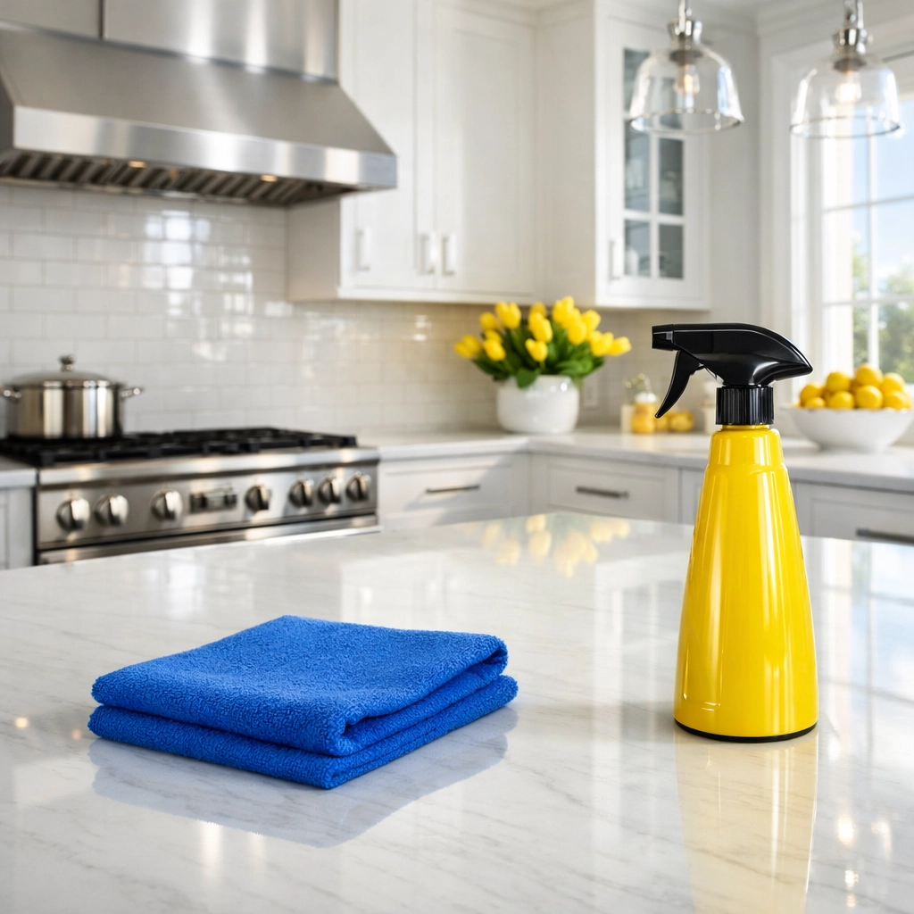 Professional deep cleaning in a Tewksbury kitchen with sparkling marble countertops and sanitized surfaces.