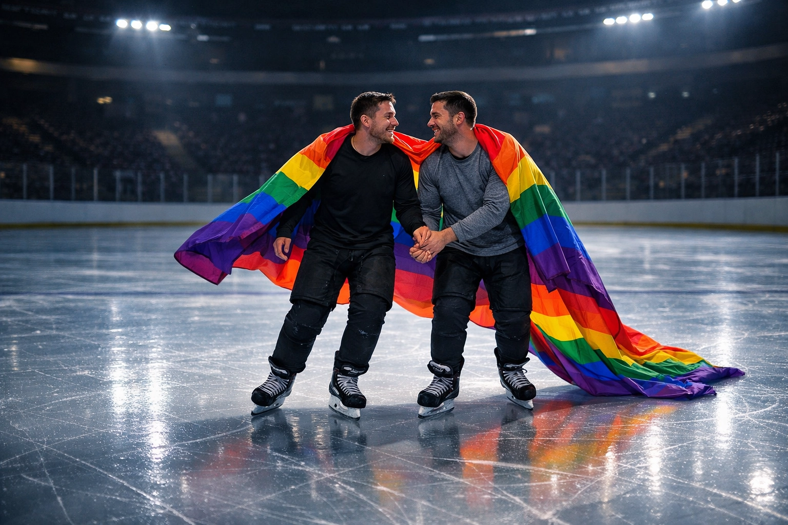 Gay hockey players skating together with a pride flag, representing LGBTQ+ love and queer athlete joy.