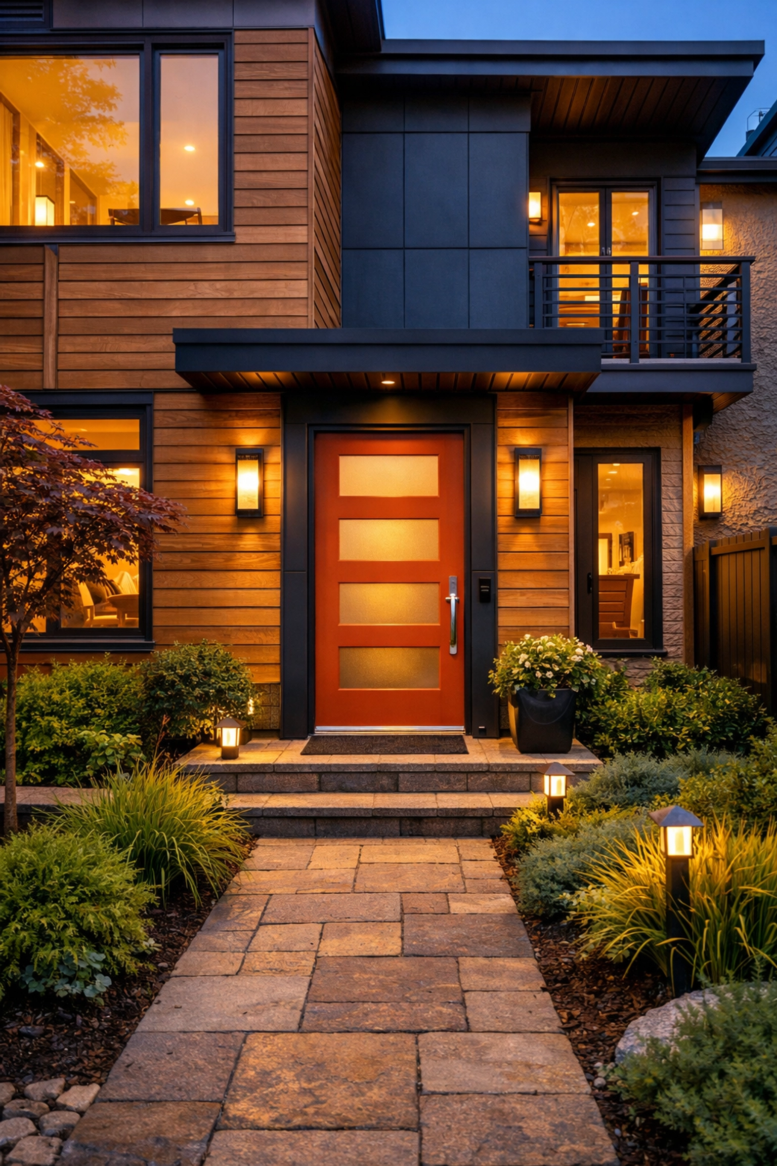 Modern Vancouver townhome entrance at dusk reflecting high-end Airbnb property management quality.