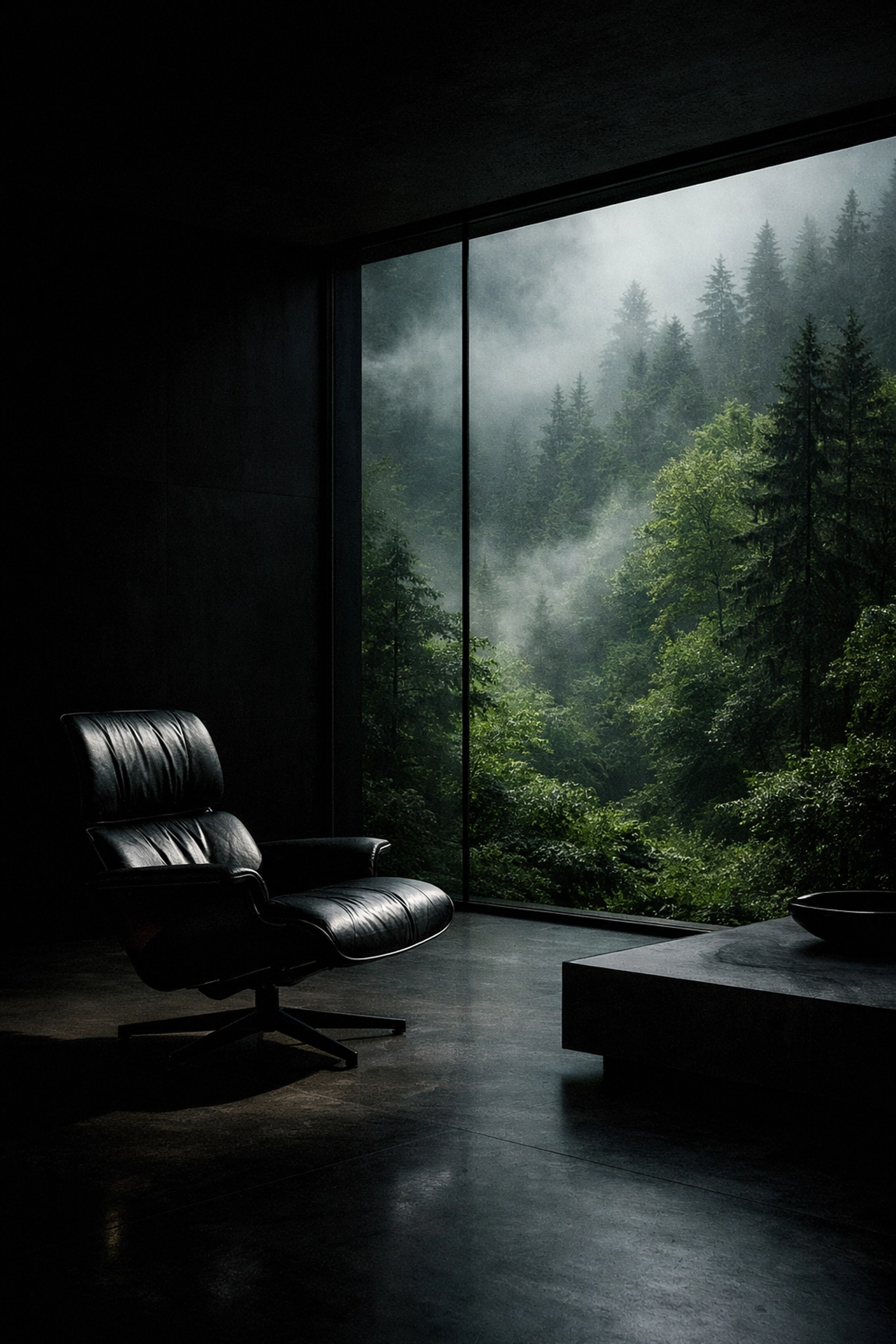 Minimalist luxury travel experience featuring a dark interior lounge overlooking a lush, misty emerald forest.