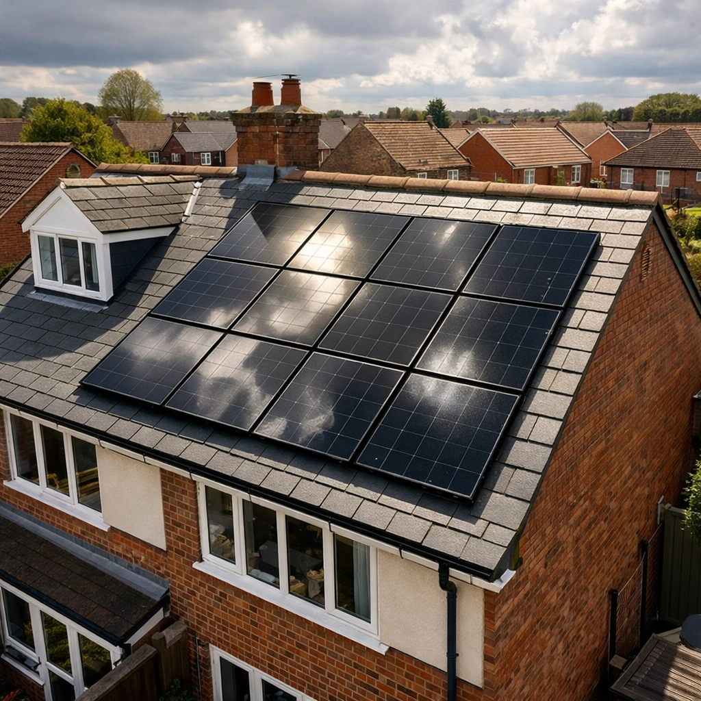 Aerial view of UK home with black-framed solar panels installed on roof