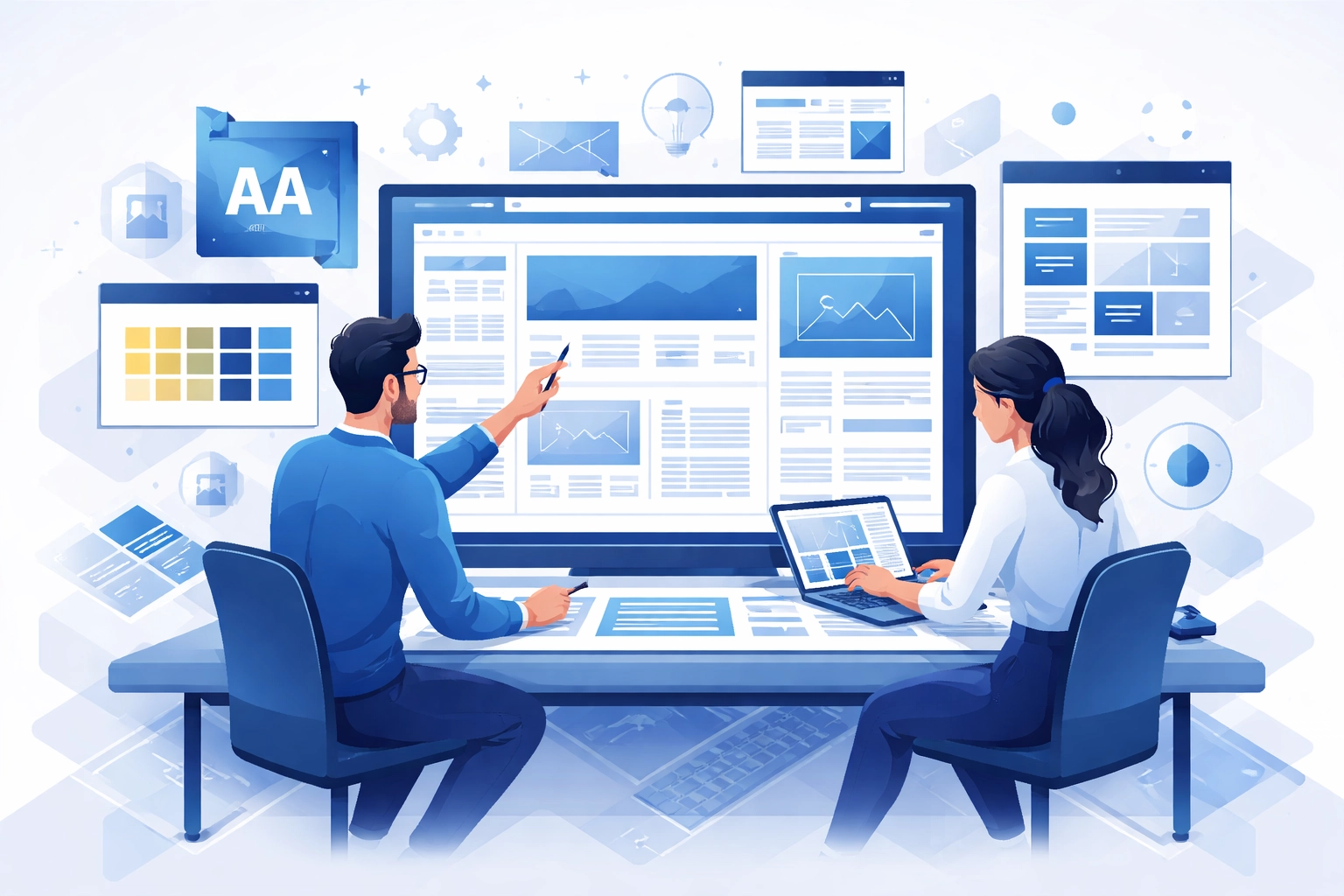 Two web designers collaborating on a custom website project with professional tools and wireframes