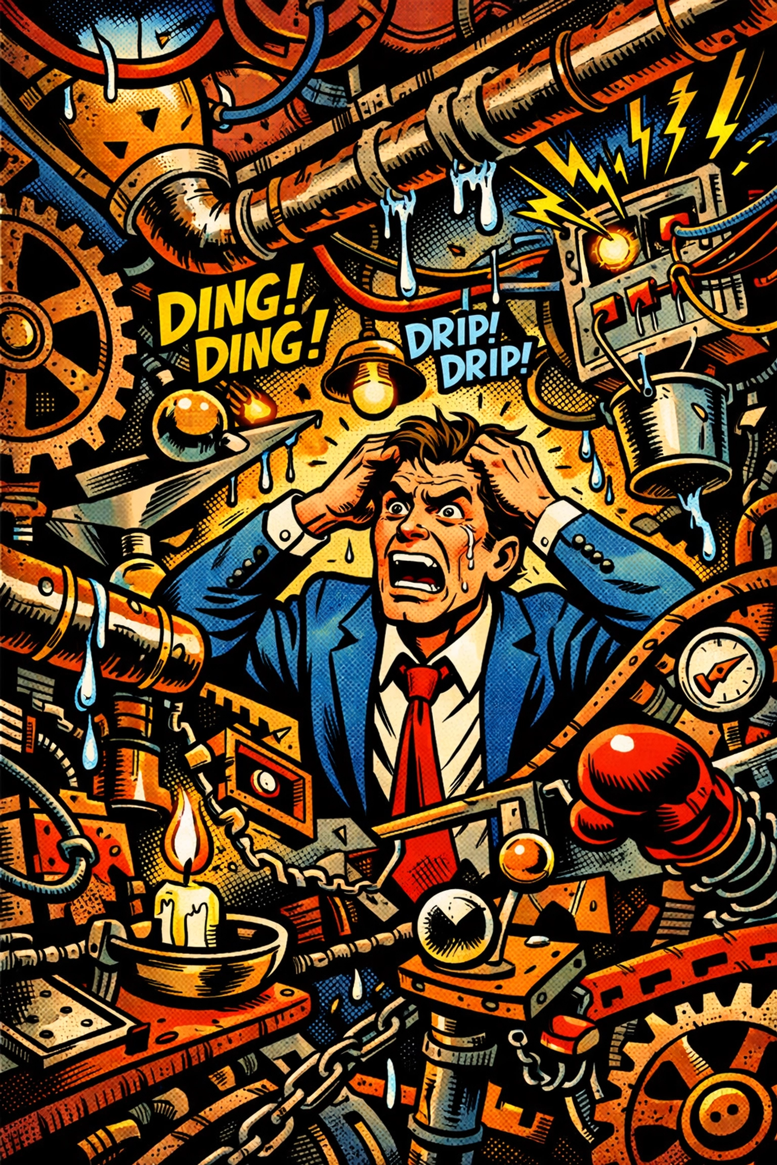 A frustrated business owner trapped in a complex machine, representing the chaos of a broken workflow.