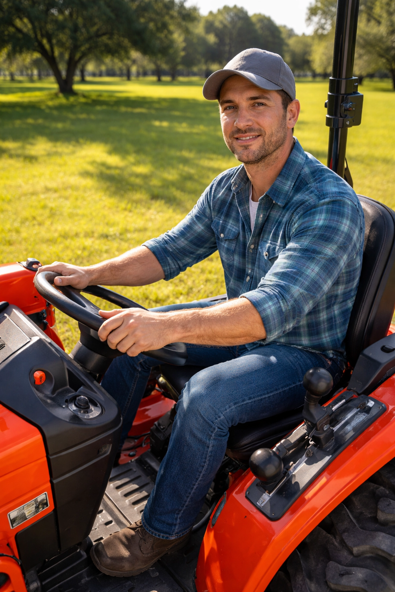First-time compact tractor owner operating a user-friendly tractor on a sunny Florida property with green pastures