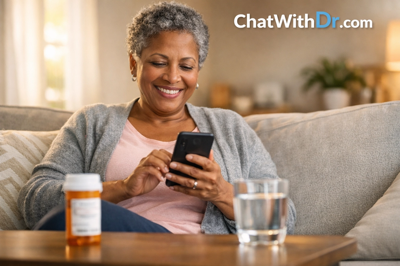 Patient requesting prescription refills from home using smartphone telehealth service