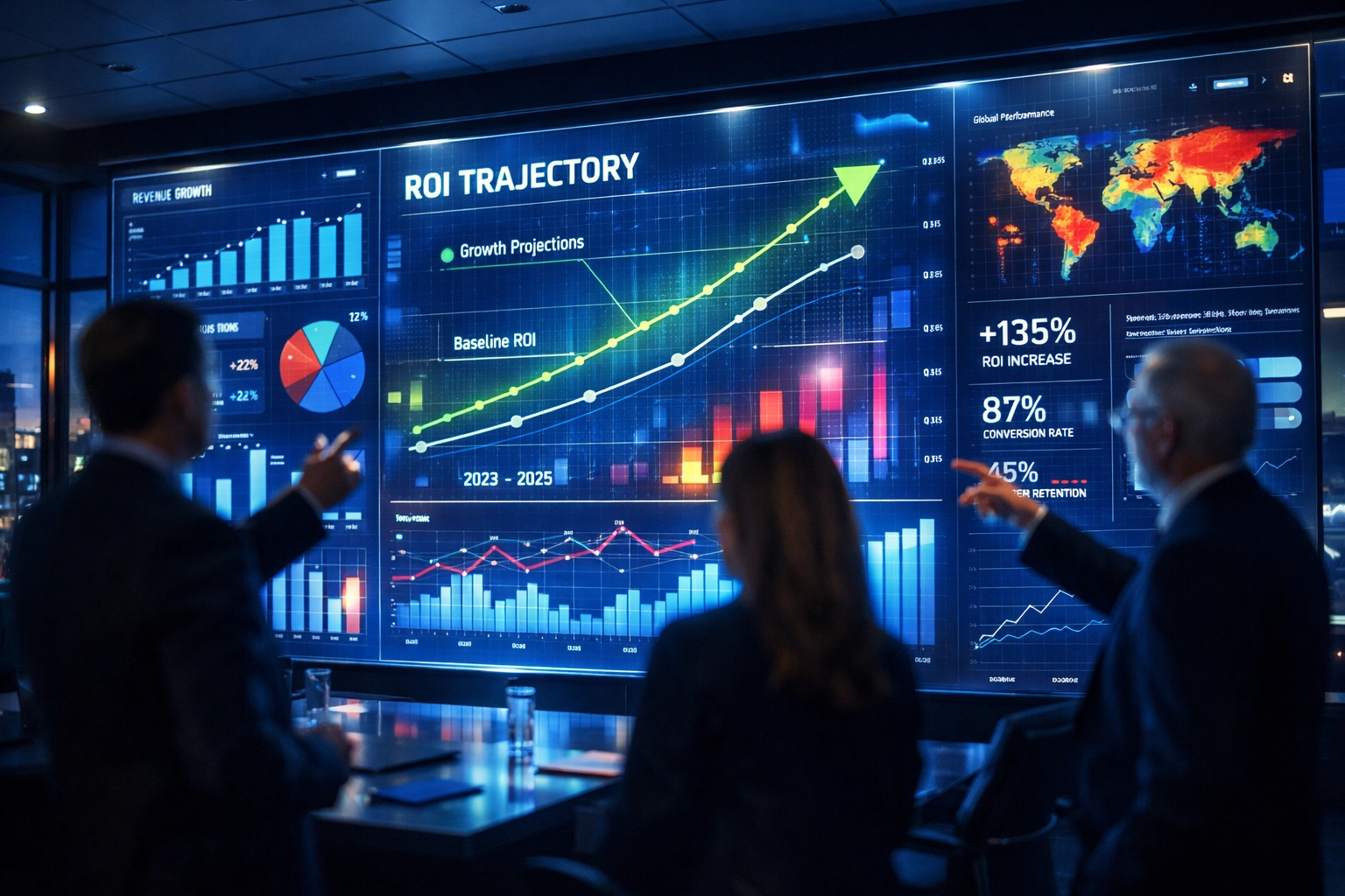 Corporate marketing executives reviewing high-performance Super Bowl ROI analytics on a digital boardroom wall.