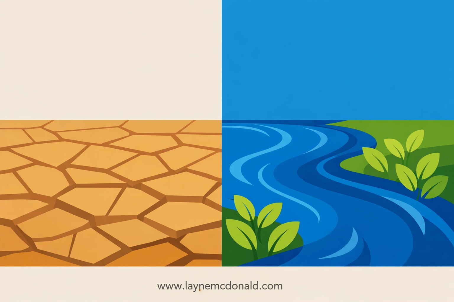 A dry desert landscape transitioning into a refreshing stream, symbolizing the path to spiritual renewal and healing.