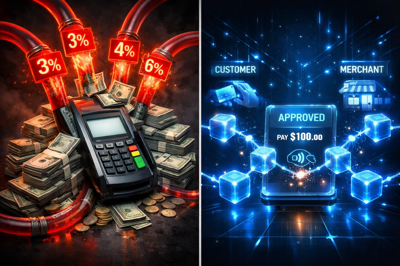 Traditional payment processing high fees vs Web3 blockchain direct payments with lower costs