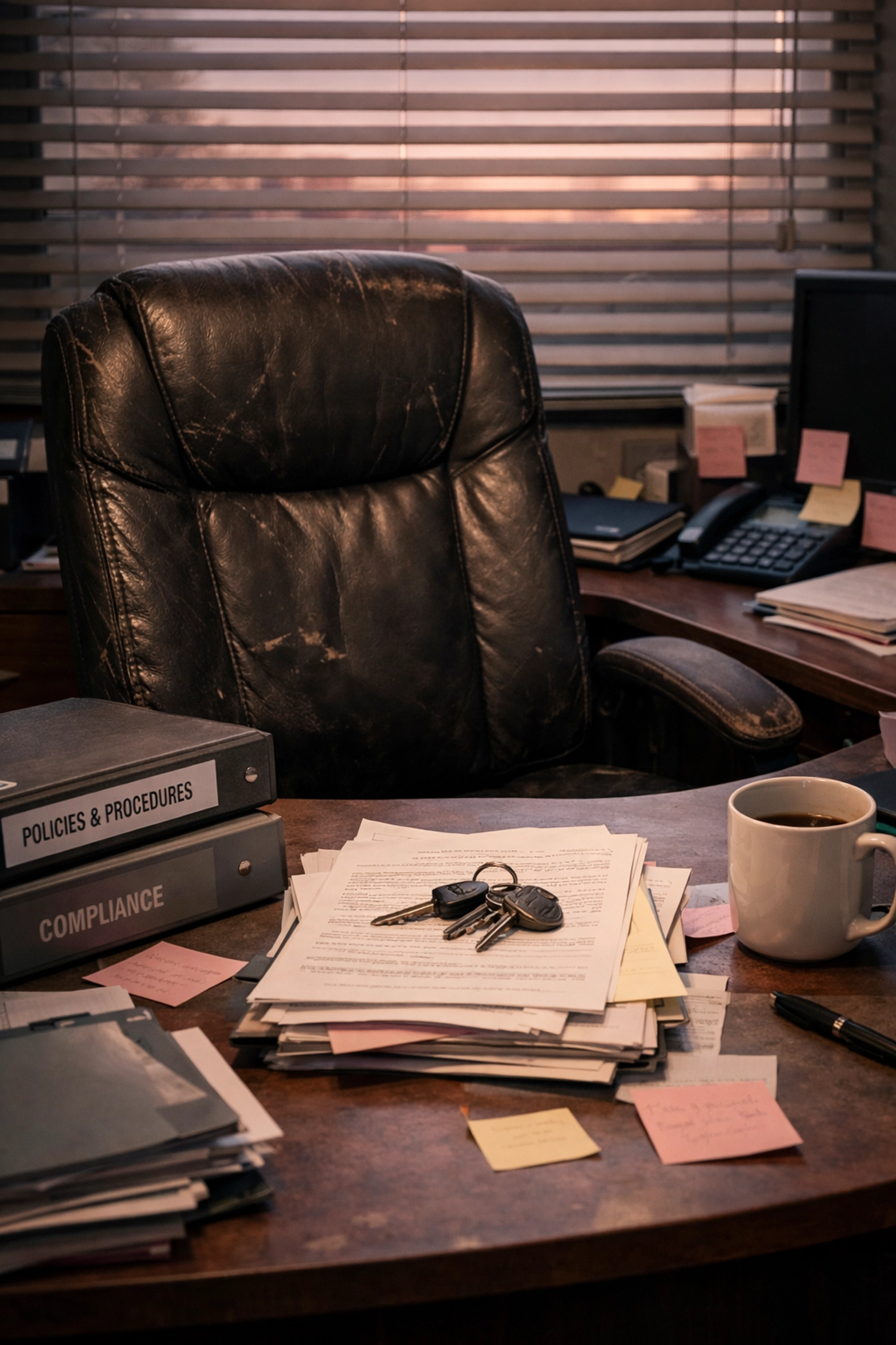 Director of nursing desk showing burnout with scattered compliance binders and paperwork