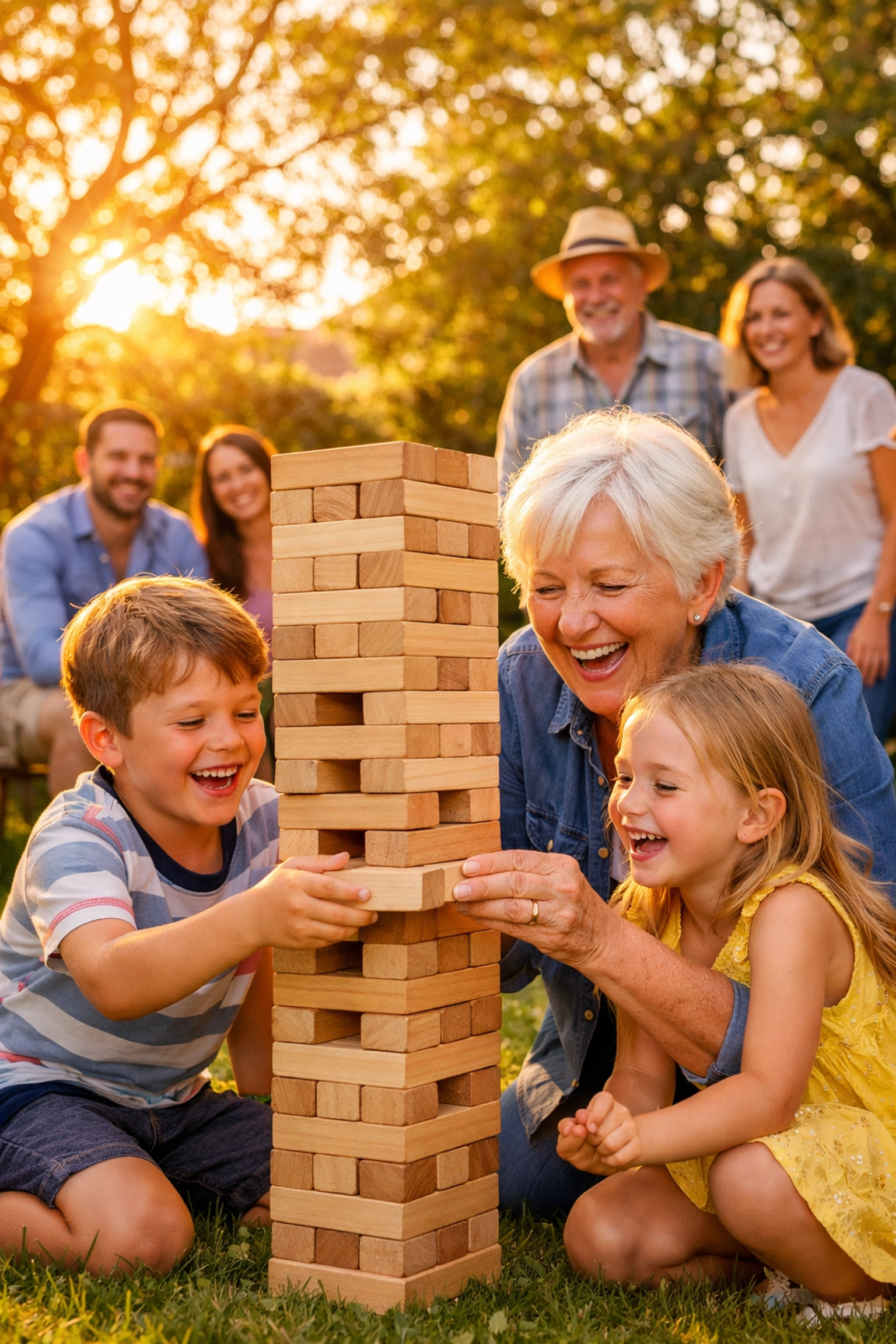 Multi-generational family playing Giant Jenga at garden birthday party in Southern Suburbs