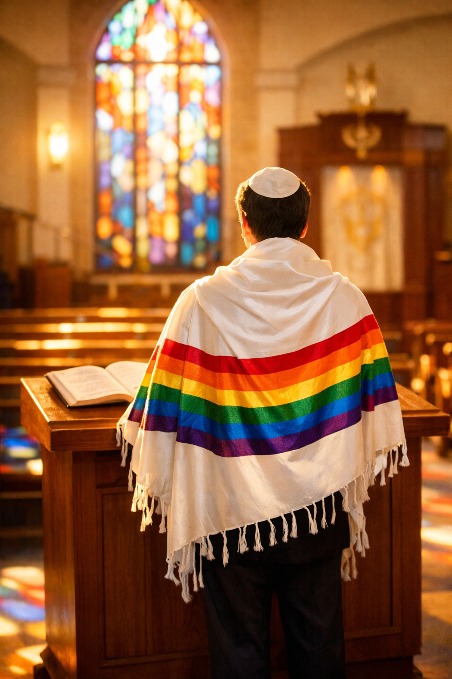 A person in a rainbow Tallit at a synagogue, representing LGBTQ+ inclusion in faith and MM romance themes.