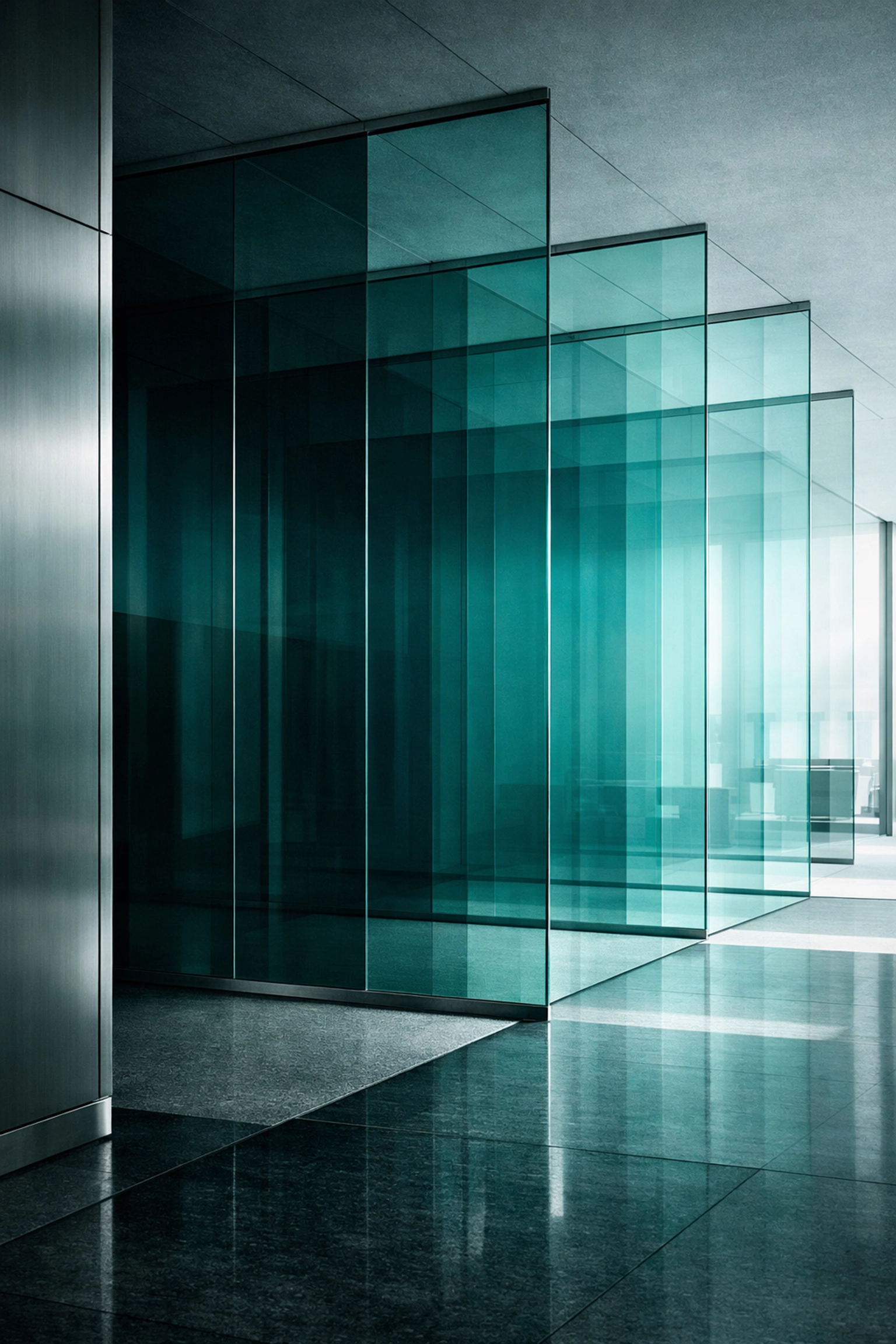 Layers of teal glass in a corporate office illustrating the cumulative load of organizational change and fatigue.