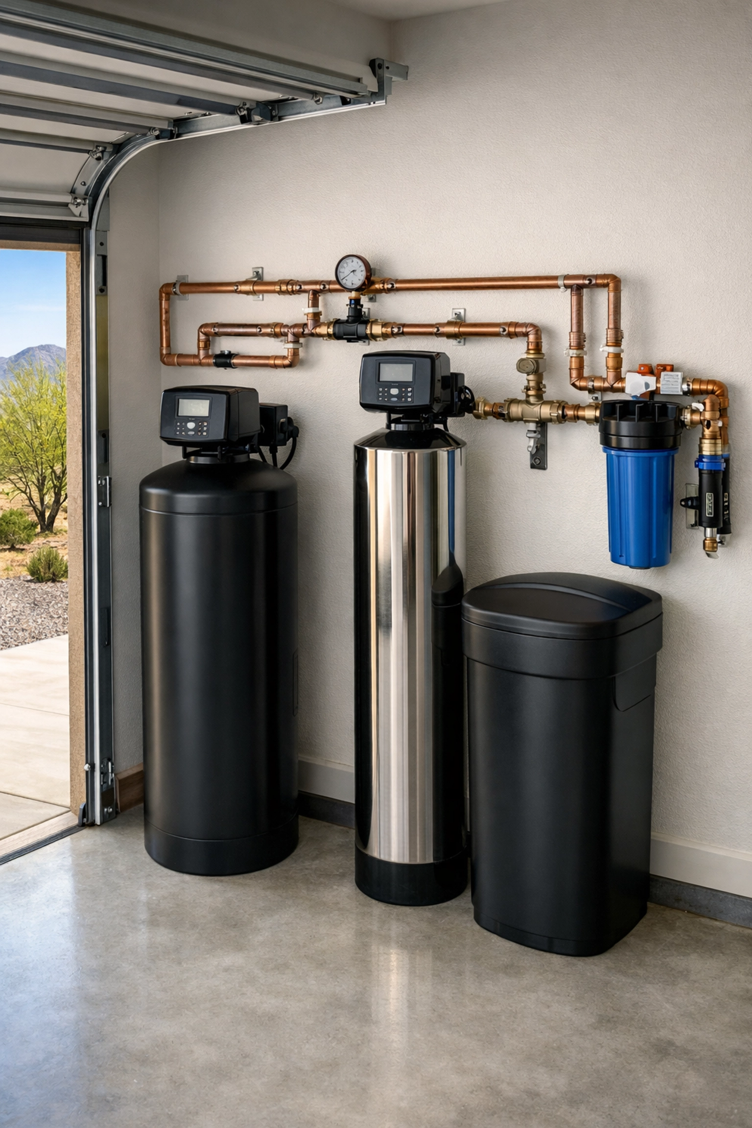Professional whole-house water filtration system installation in a Buckeye AZ residential garage.