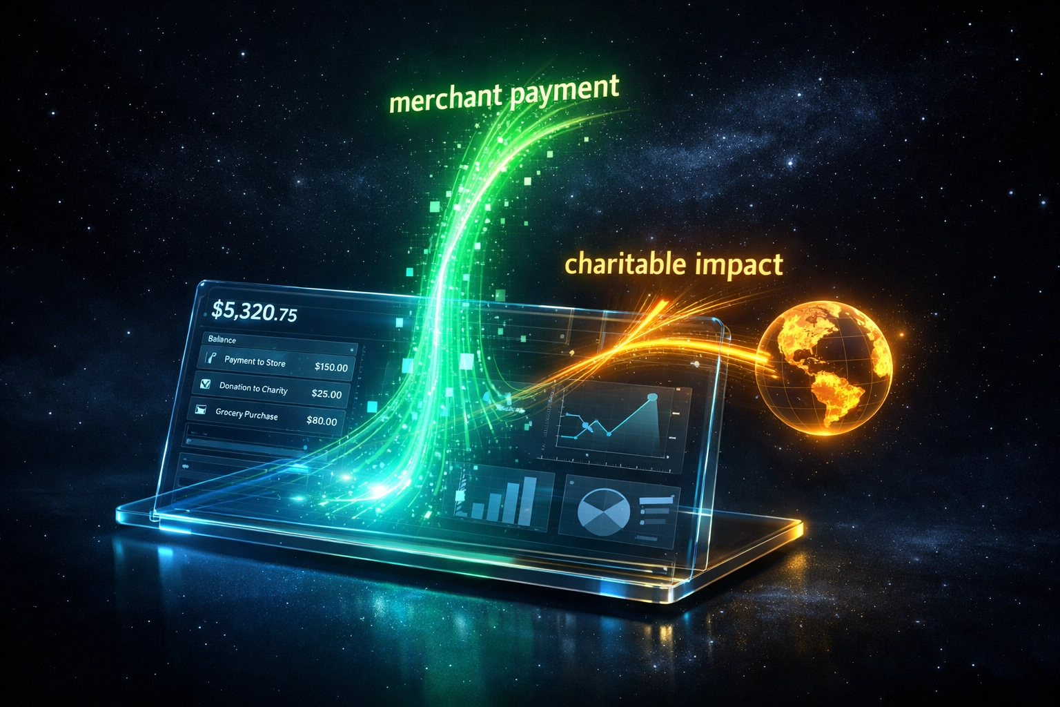 Larecoin payment dashboard showing merchant payment and charitable impact transaction flows