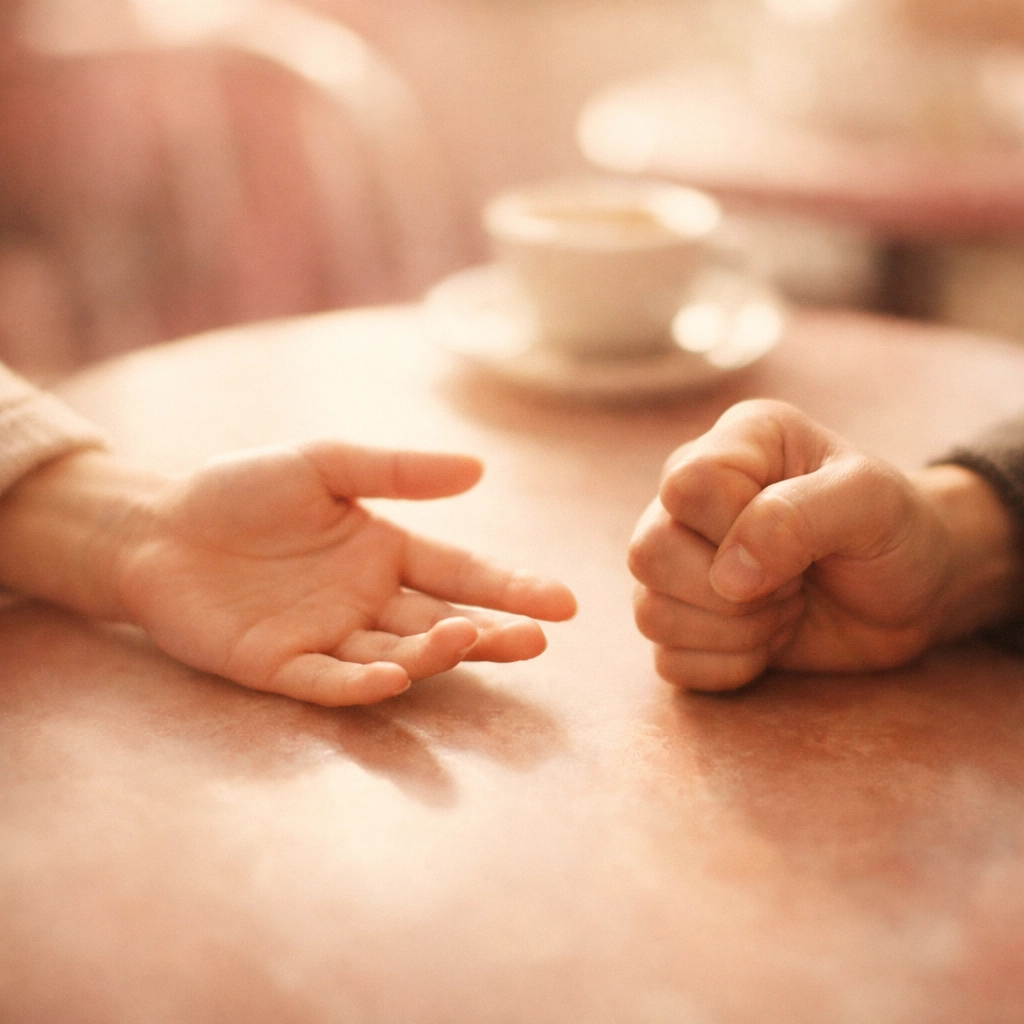 Two hands reaching across table showing relationship anxiety and connection