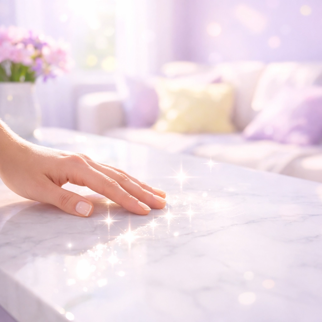 A hand on a sparkling marble countertop, showing the high-quality results of professional home cleaning.