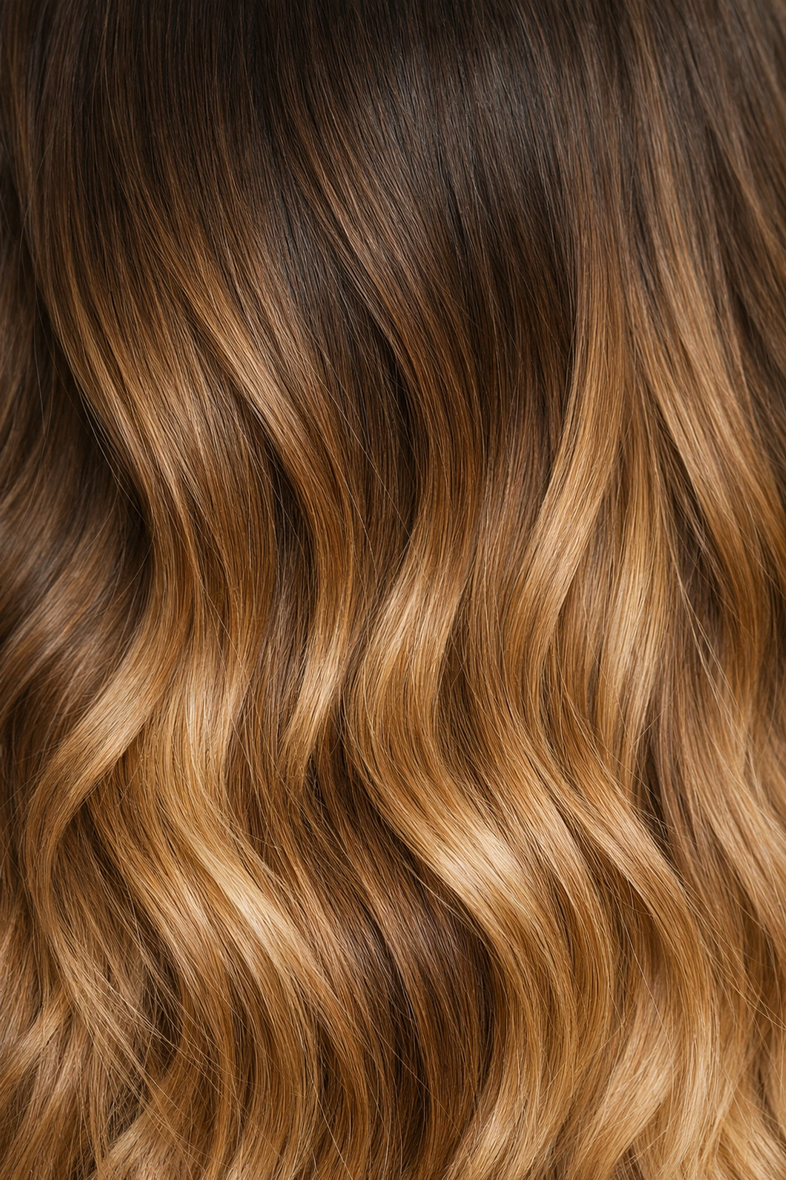 Close-up of lived-in hair color transition from dark roots to caramel blonde at a Concord NH salon.