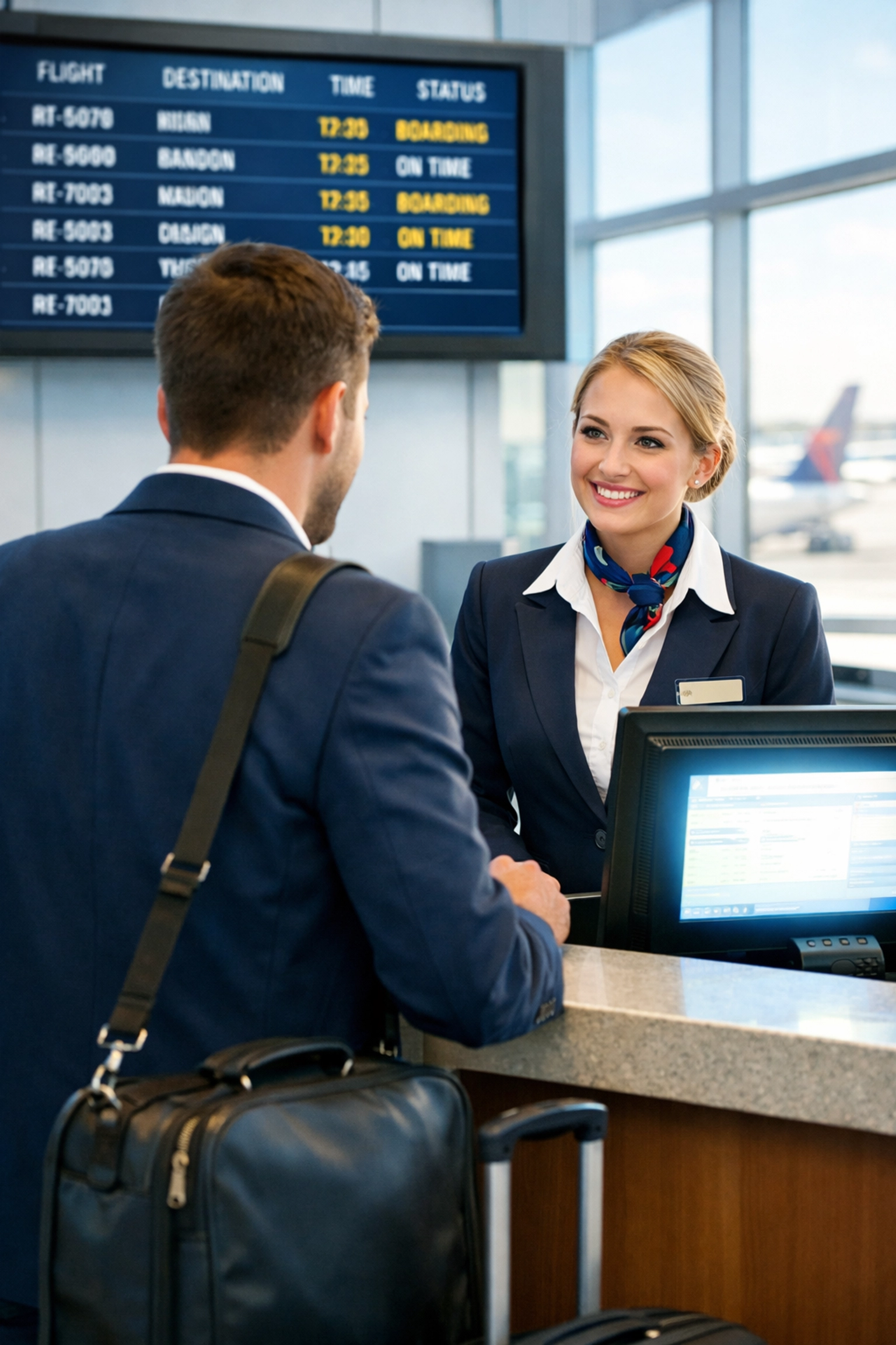 Traveler speaking with gate agent at airport counter to request flight upgrade