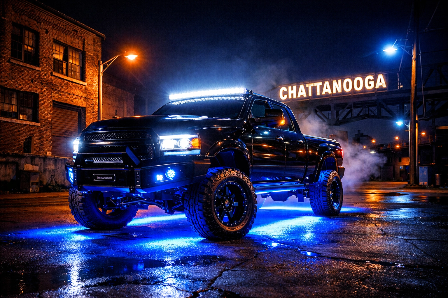 Custom truck lighting with LED light bar and neon underglow from Ultimate Sounds and Tint.