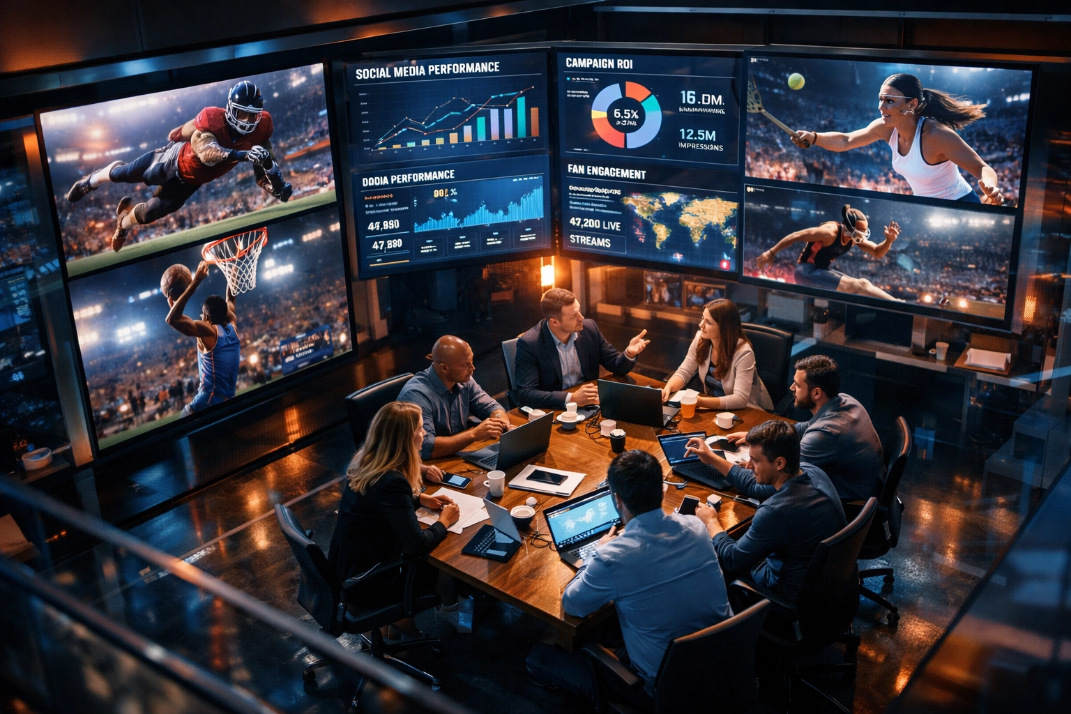 Modern sports marketing agency team developing NIL brand strategies and digital content for athletes.