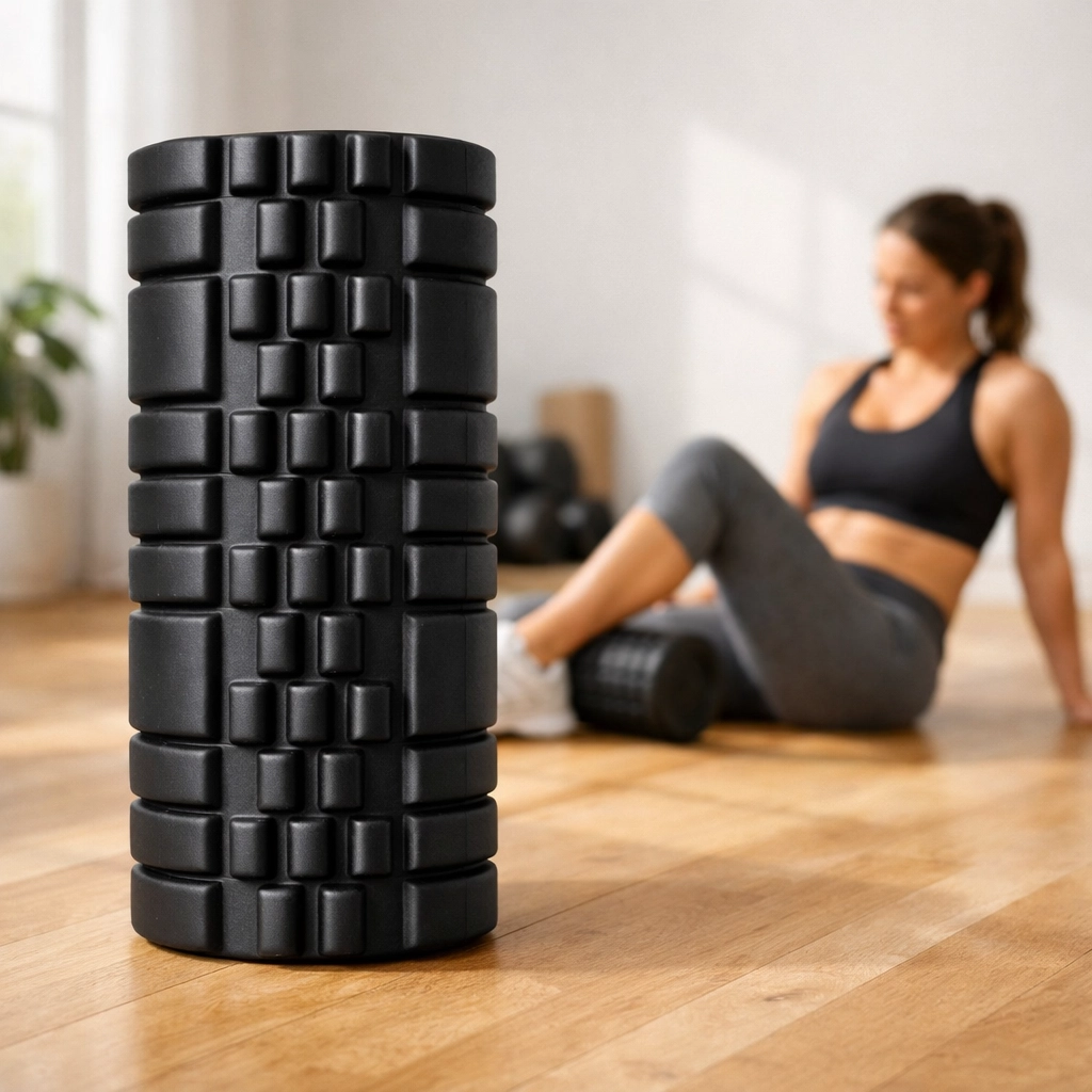 Black grid foam roller in a home gym for athlete muscle recovery and calf rolling.