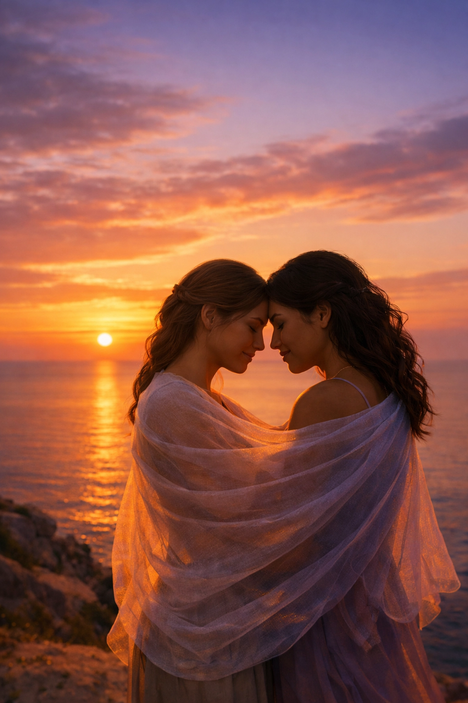 LGBTQ+ women finding peace and spiritual healing through identity affirmation during a coastal sunset.