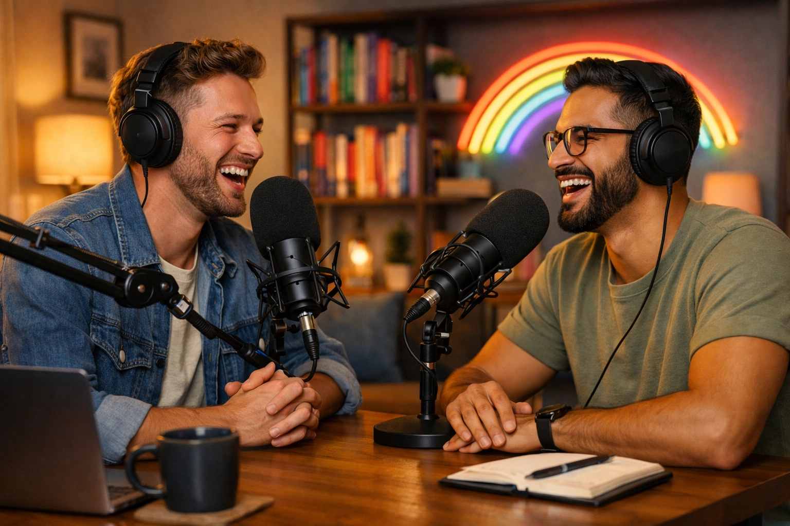 Two gay men recording a podcast about queer fiction and digital community building in a cozy home studio.