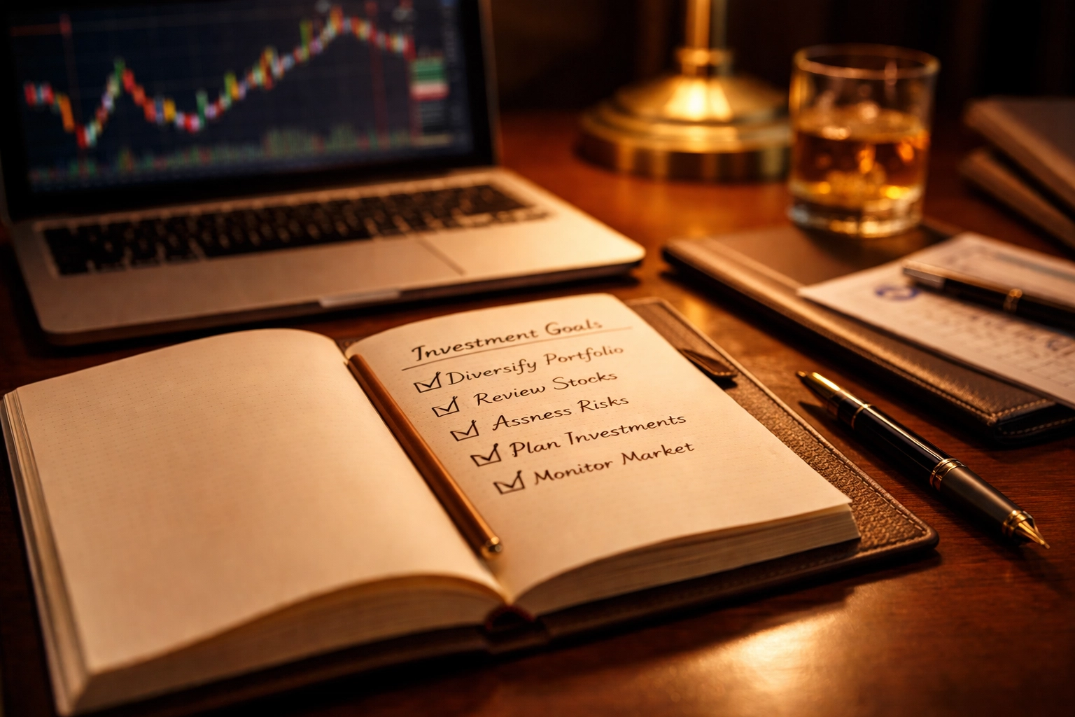 Investor’s desk with checklist and financial charts, illustrating private equity investment planning