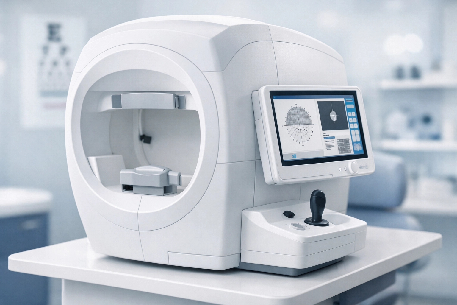 Modern visual field analyzer in an optometry exam room used for diagnostic tests requiring prior authorization.