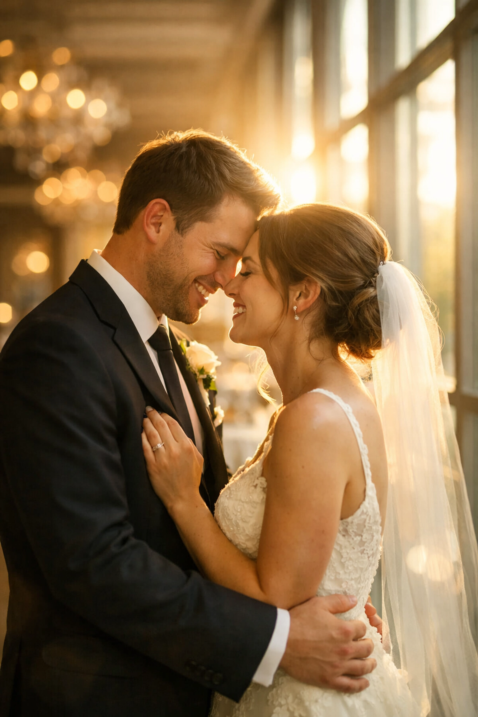 Bride and groom in downtown Omaha wedding venue with natural window lighting