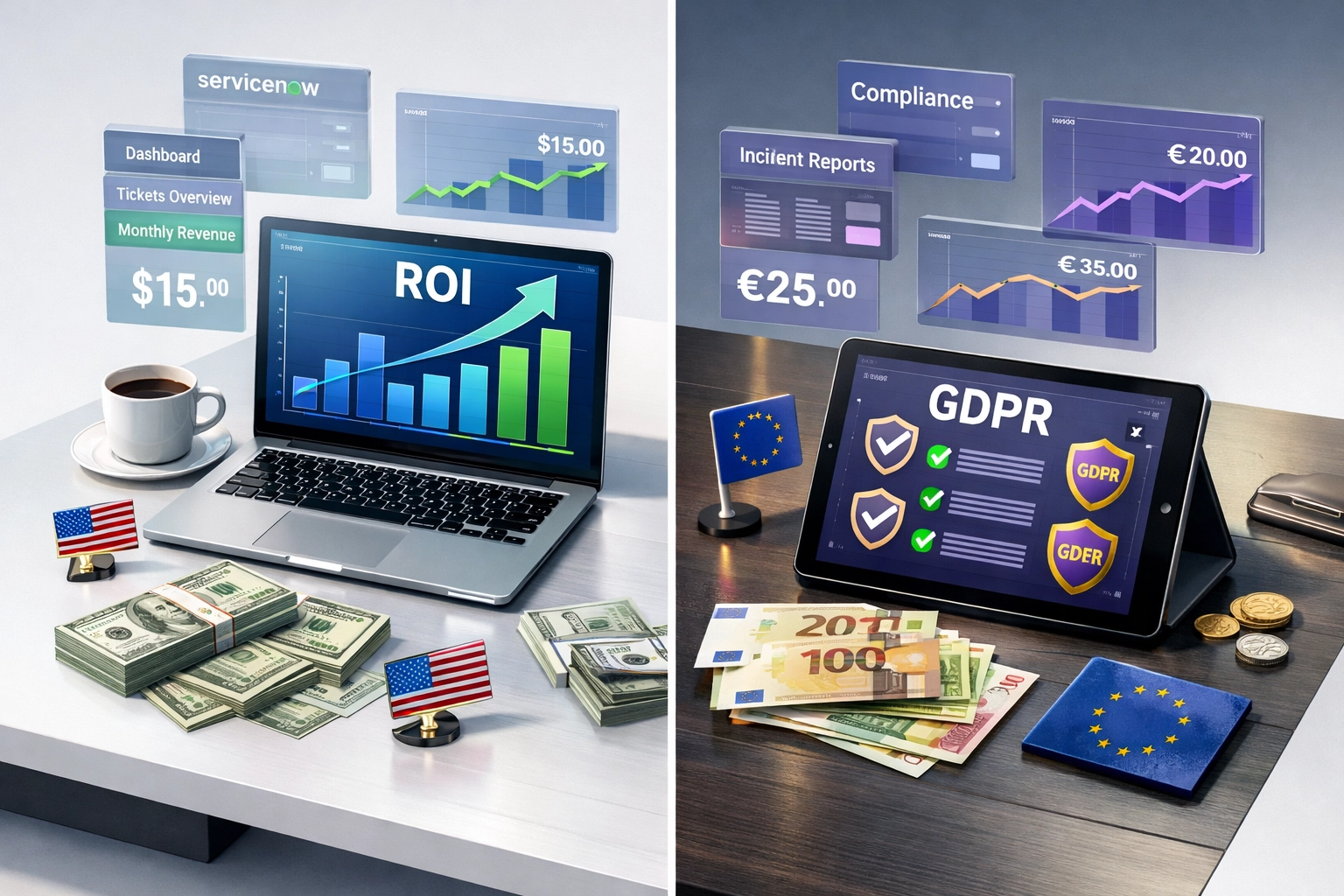 US vs EU ServiceNow consulting pricing comparison showing dollar and euro rates with ROI graphs