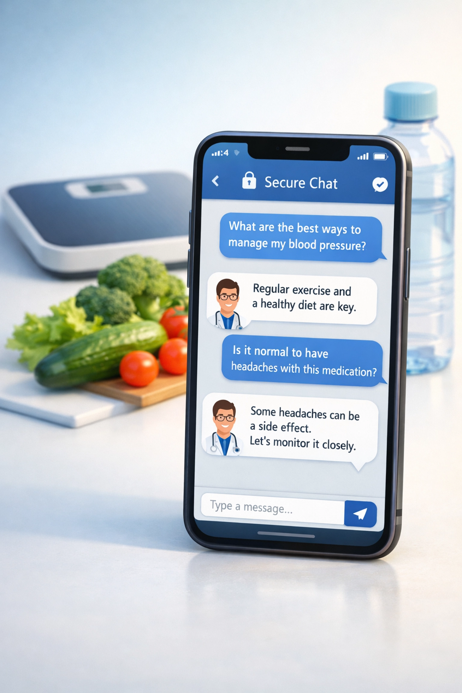Smartphone displaying online weight loss consultation with healthy food, water, and scale