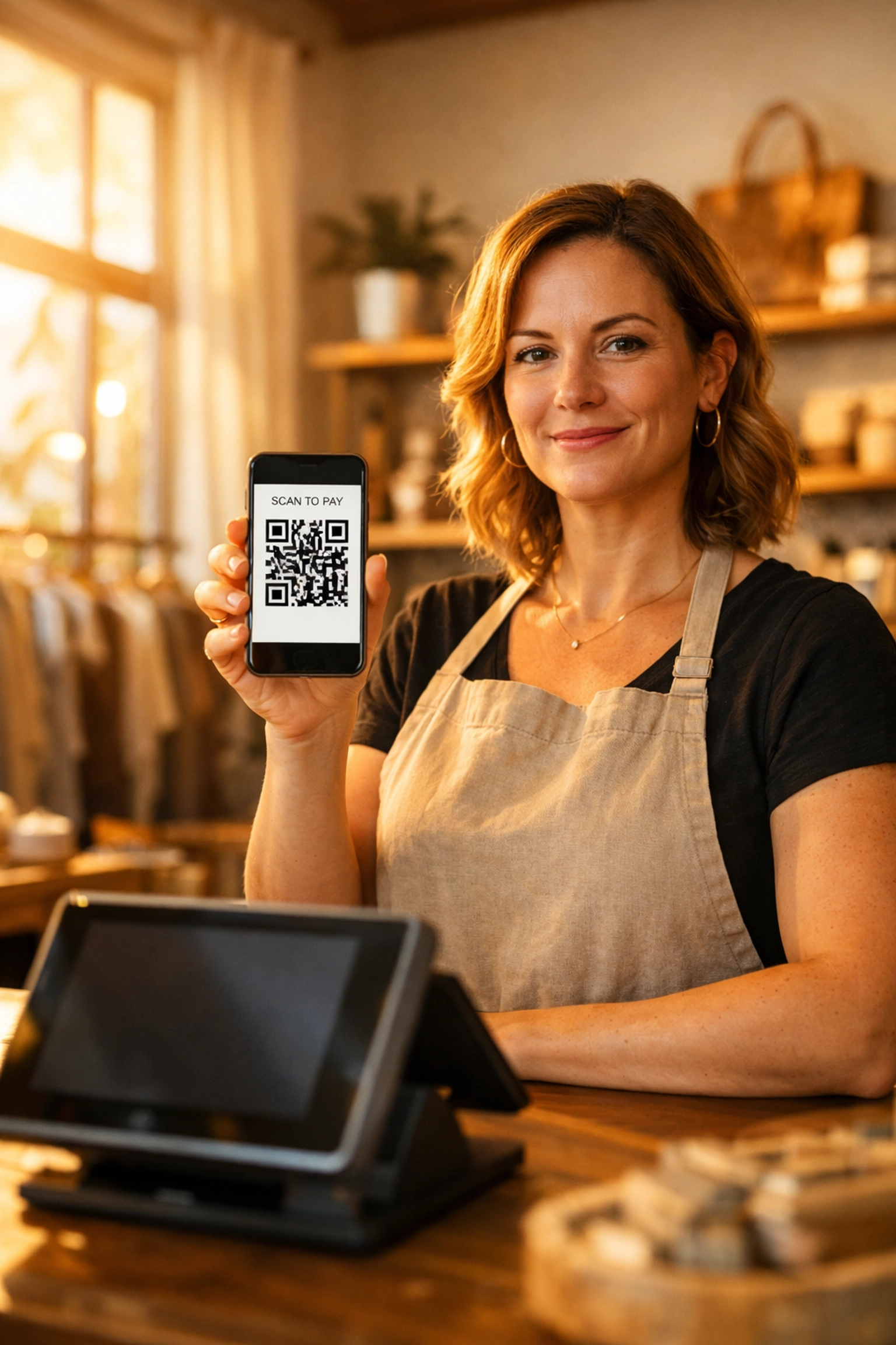 Small business owner accepting LUSD stablecoin payments via QR code in retail store