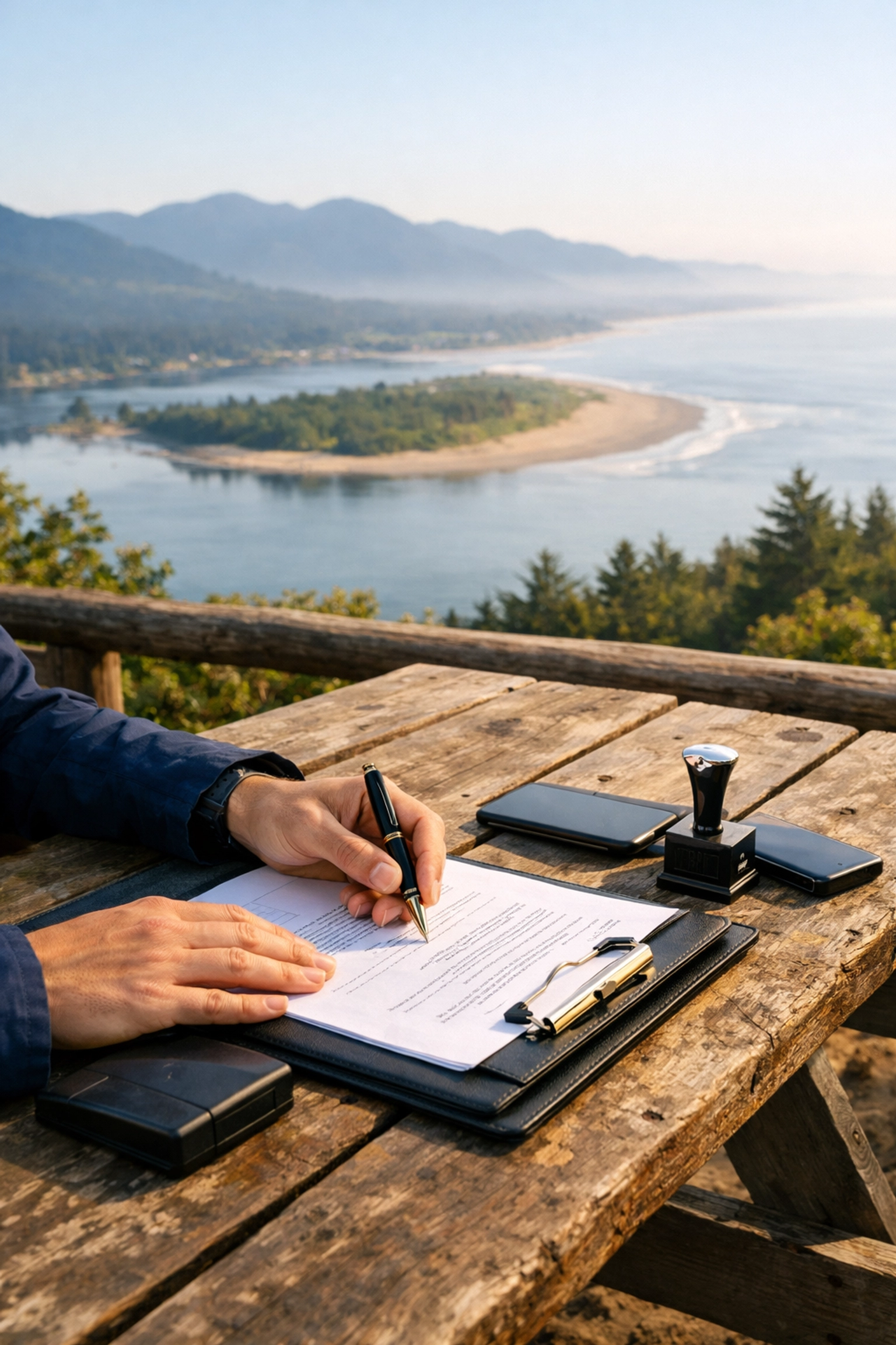Person signing documents with a mobile notary near me at a scenic Nehalem Bay viewpoint.