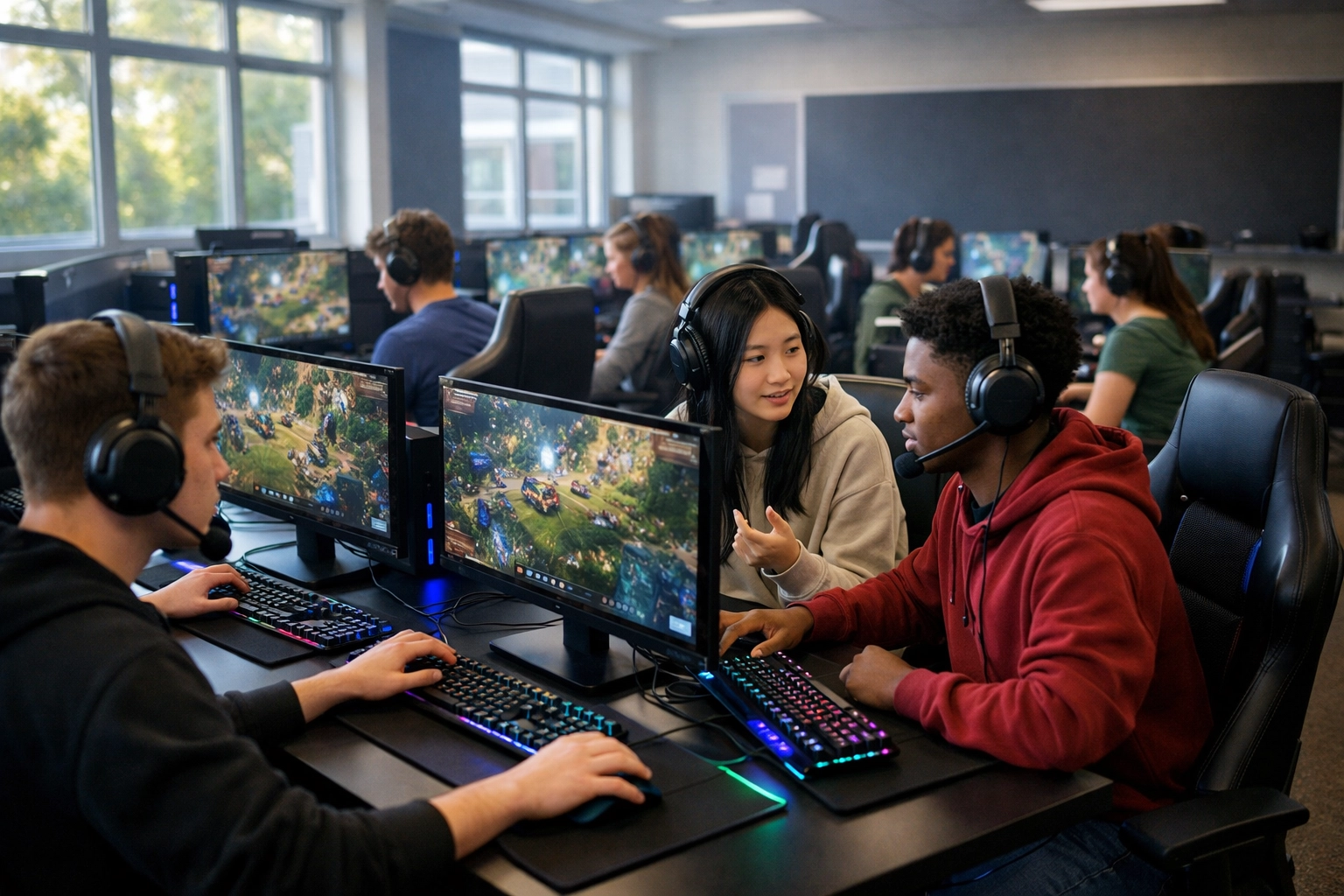 High school students collaborating in a professional esports arena for education through simulation.