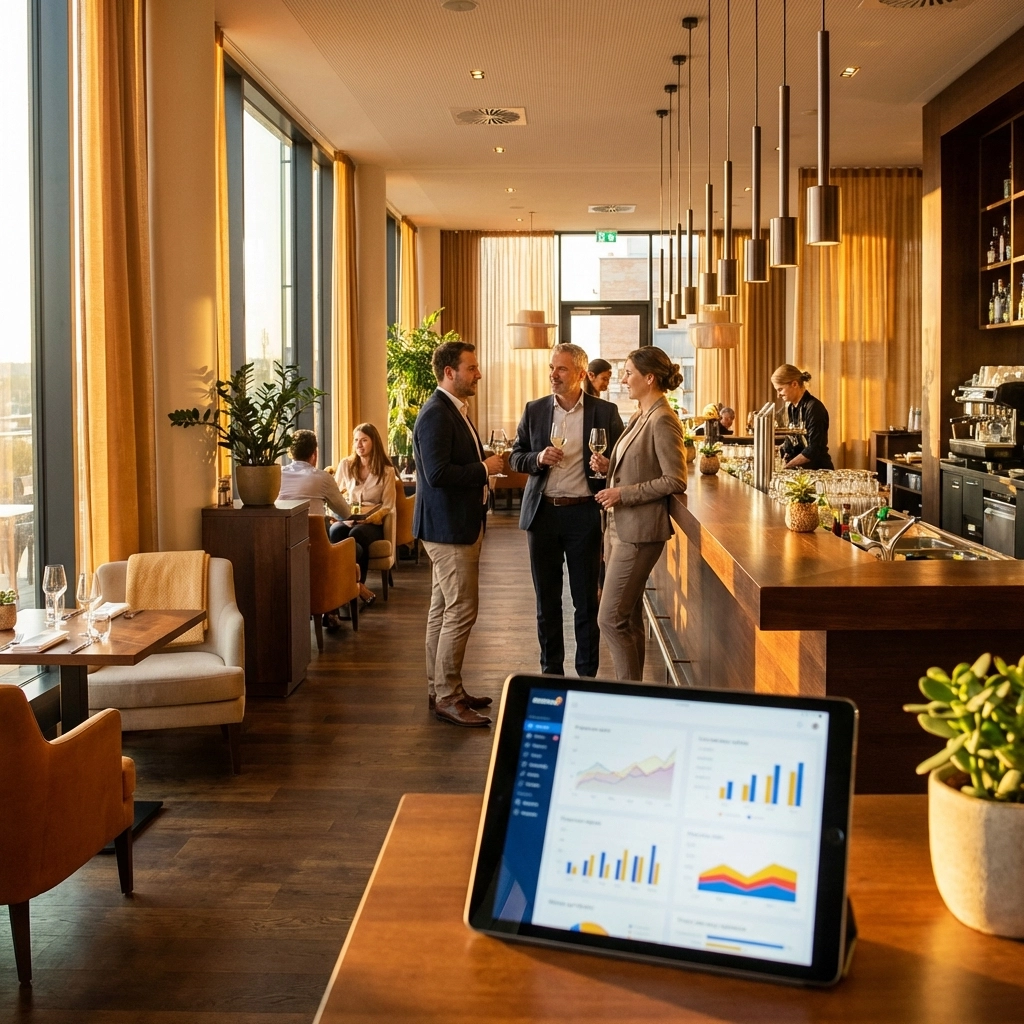 Modern restaurant bar with digital financial charts, highlighting 2026 restaurant growth opportunities and technology integration